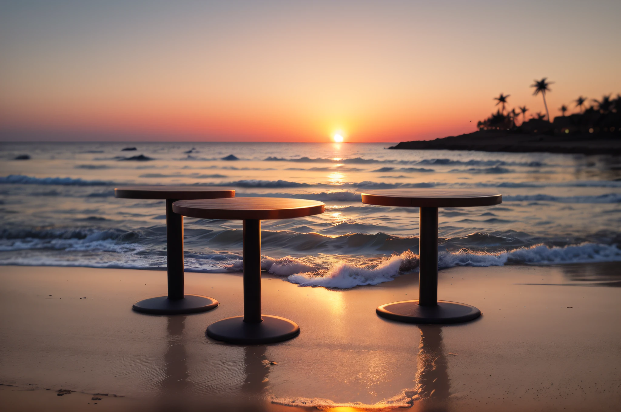 empty bar table against sunset at the beach --auto --s2