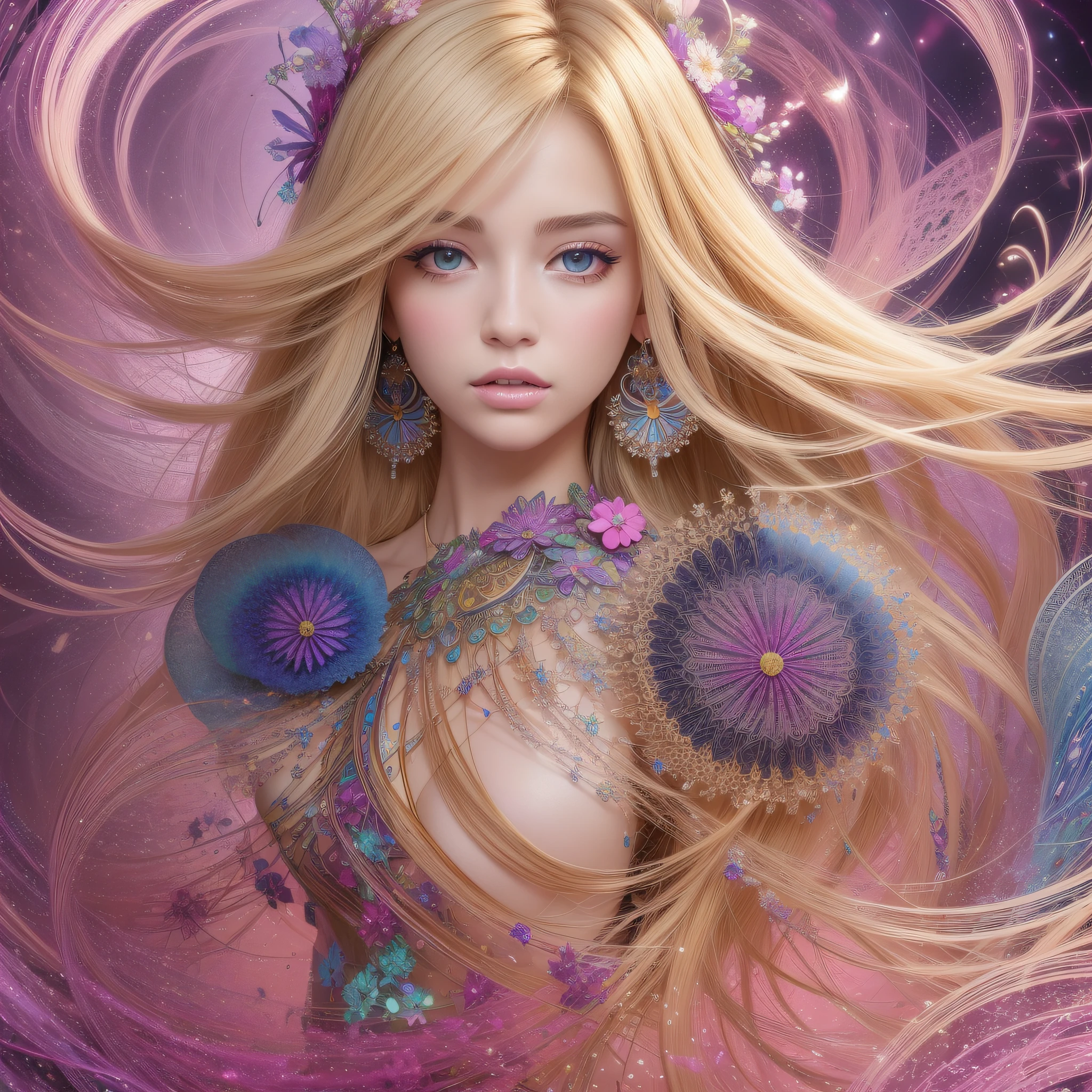 (best quality, masterpiece, official art, beautiful and aesthetic:1.2), 1girl, blonde, (hair ornaments, earrings, flowers hair ornaments), upper body, dynamic pose, looking at viewer, particle, wind, flower, intricate background, extremely detailed, (fractal art:1.2), colorful, (zentangle:1.2), (abstract background:1.5), (many colors:1.4), pixelated fragments, data corruption, colorful noise, visual chaos, contemporary aesthetics,