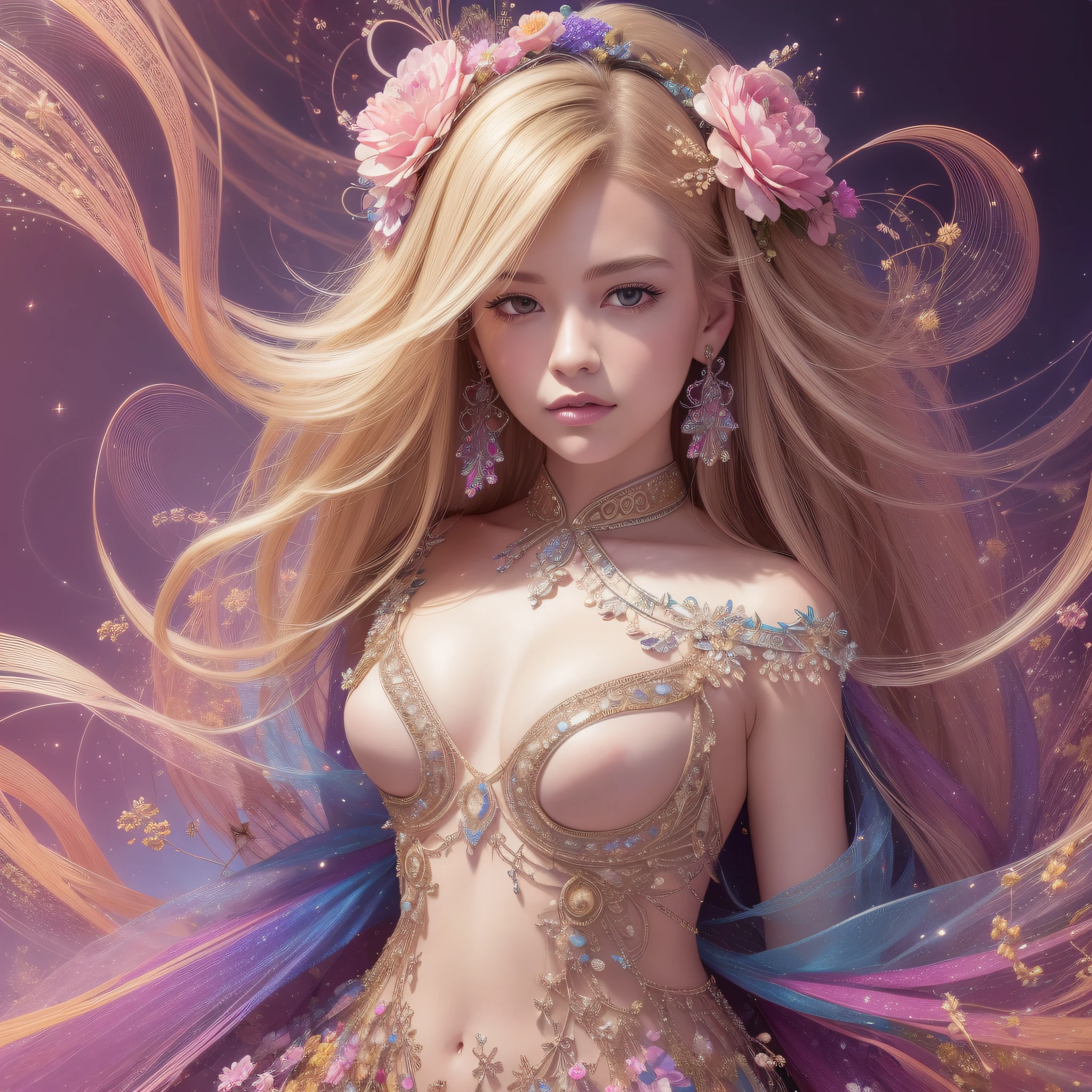 (best quality, masterpiece, official art, beautiful and aesthetic:1.2), 1girl, blonde, (hair ornaments, earrings, flowers hair ornaments), upper body, dynamic pose, looking at viewer, particle, wind, flower, intricate background, extremely detailed, (fractal art:1.2), colorful, (zentangle:1.2), (abstract background:1.5), (many colors:1.4), pixelated fragments, data corruption, colorful noise, visual chaos, contemporary aesthetics,