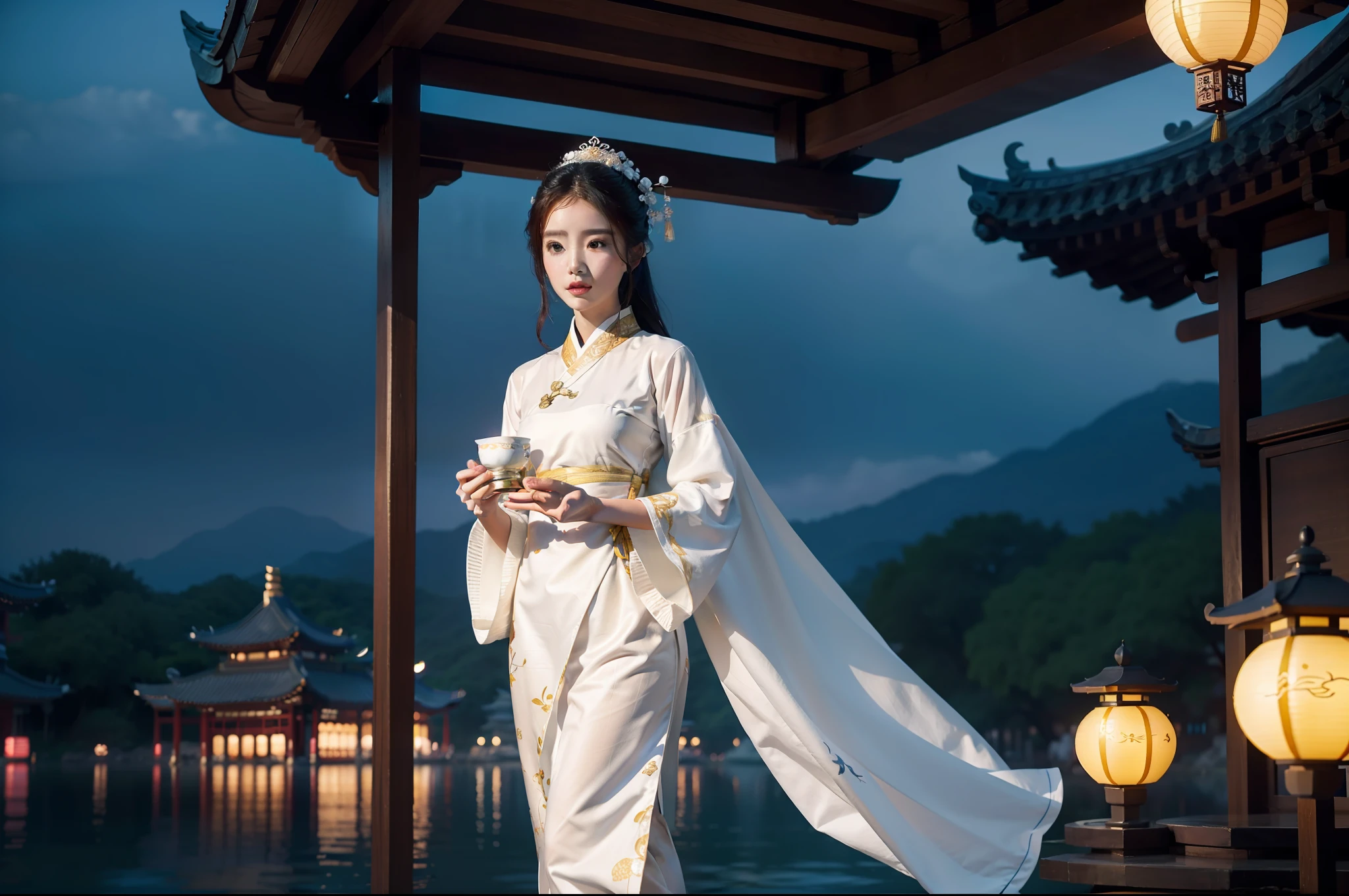 A gorgeous model dressed in white Hanfu, holding a small yellow lantern of delicate ancient China in both hands, flying in the air, next to the pavilion by the dreamy West Lake of Hangzhou, outdoors, deep blue sky in the early morning, night view, photography grade lighting, 4K, product shooting, realistic details, perfect photo, half body --ar 3:4 --q 2 --v 5 --s 750