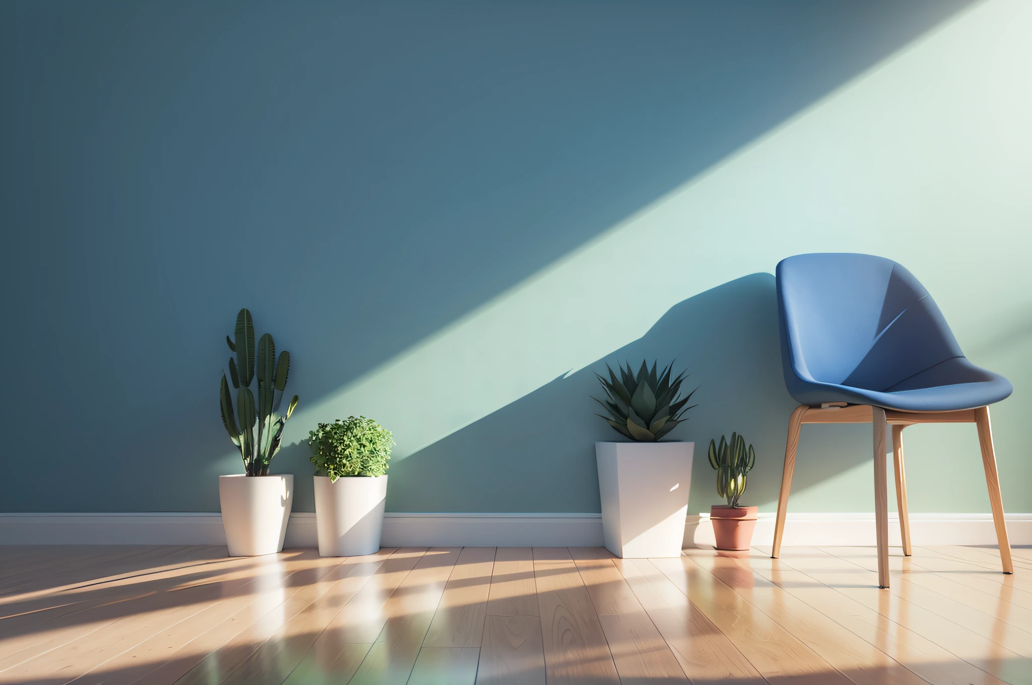 Empty room with a plant and blue wall mock up. 3D rendering. 3D illustration. --auto --s2