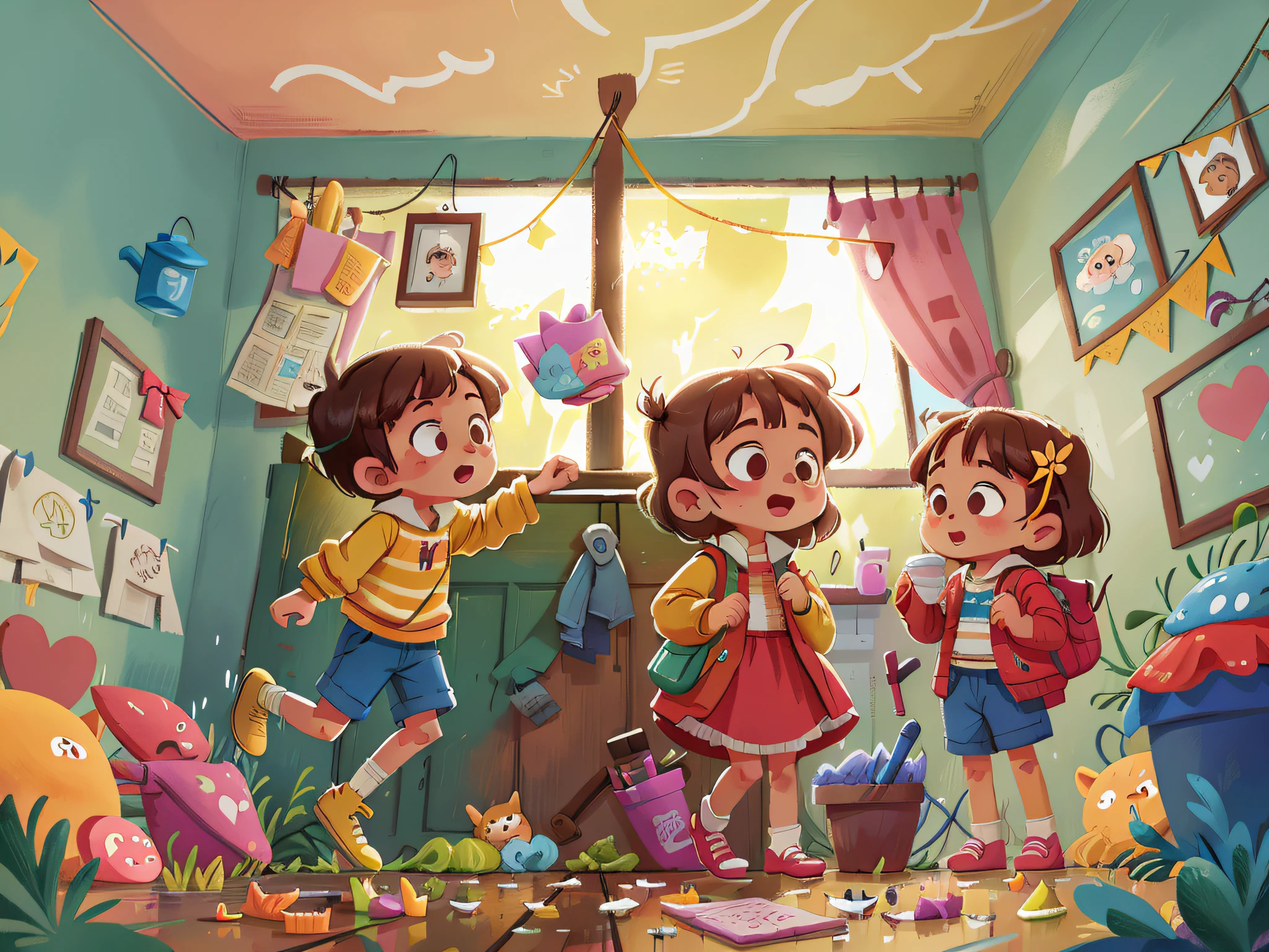 On a rainy day, the "Pillipillias" had fun jumping in the puddles, but always remembering not to dirty the house. Then, with Mom's help, they dried their feet and hung up their coats so as not to wet the furniture. The twins knew that responsibility was important, even in play.