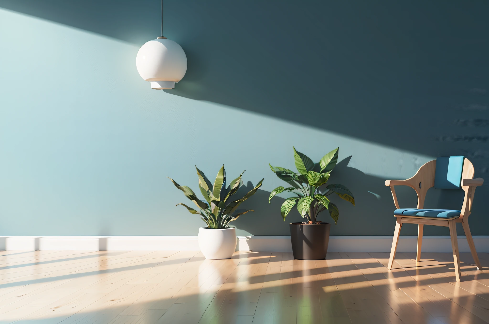 Empty room with a plant and blue wall mock up. 3D rendering. 3D illustration. --auto --s2