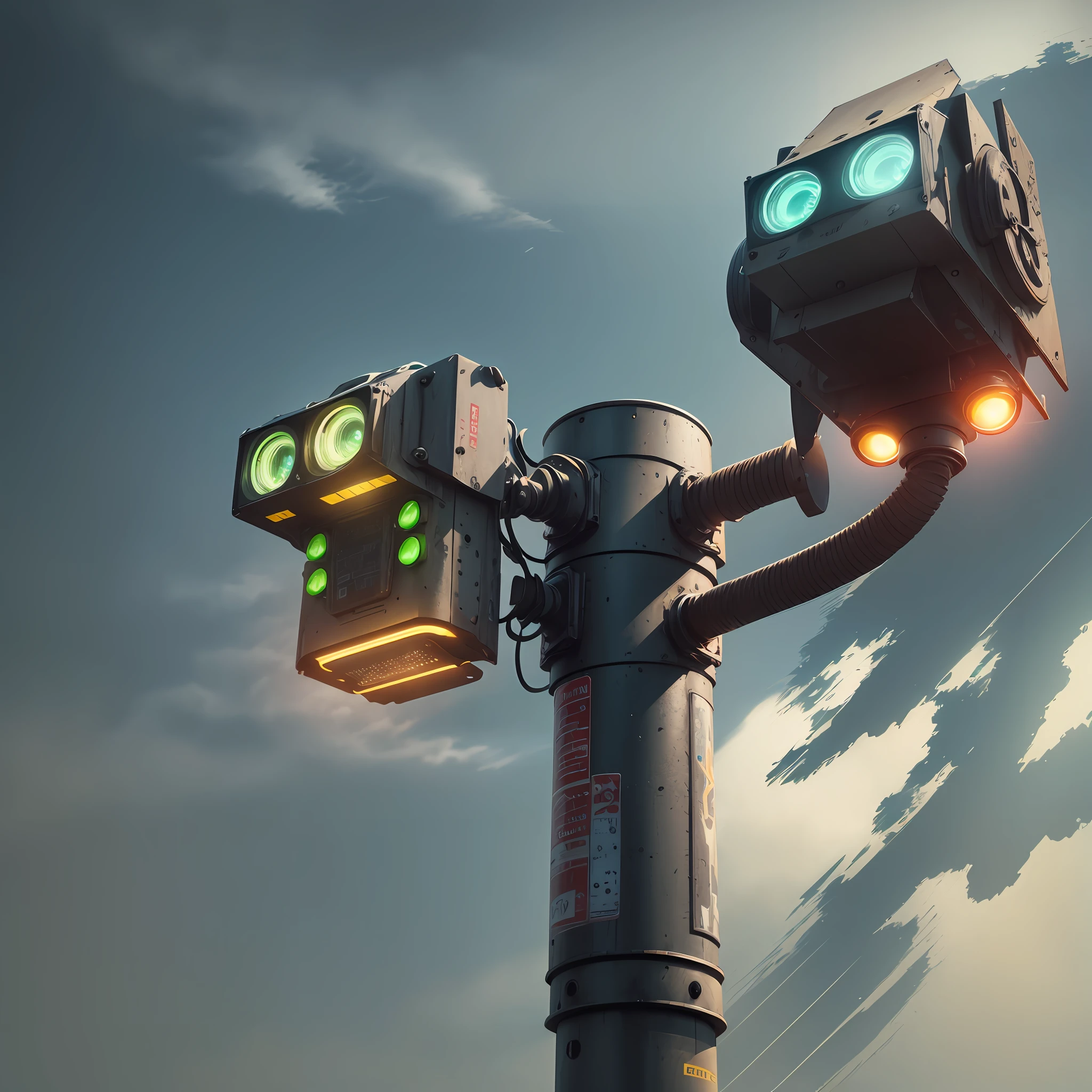 a close up one robotic traffic lights that are on a pole, (masterpiece), (best quality),photorealistic, 8k raw photo, ultra high res, robot, glowing jiqinvhai, huge robot, mechanics, mechanical parts, robot joint --auto --s2