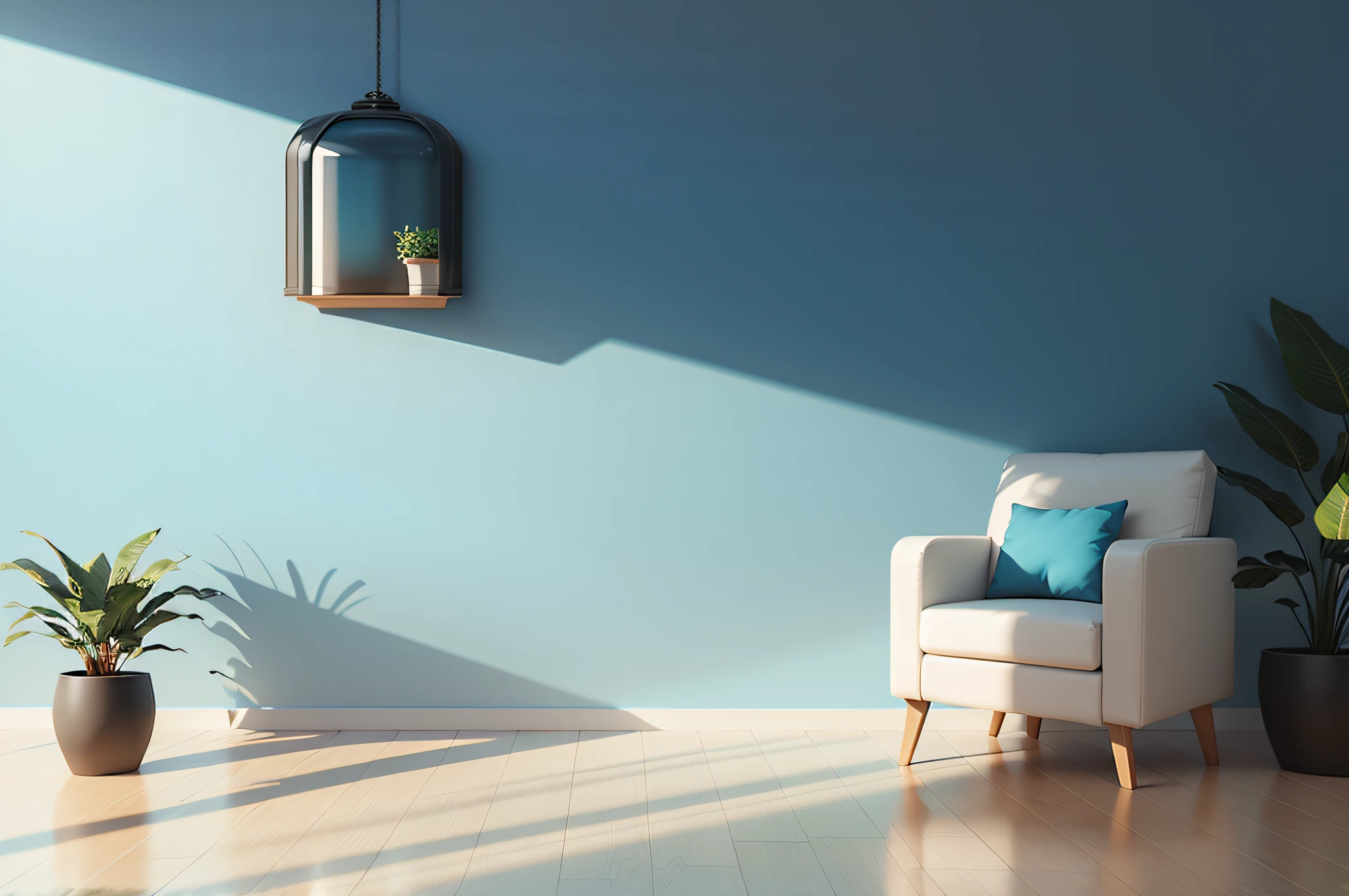 Empty room with a plant and blue wall mock up. 3D rendering. 3D illustration. --auto --s2