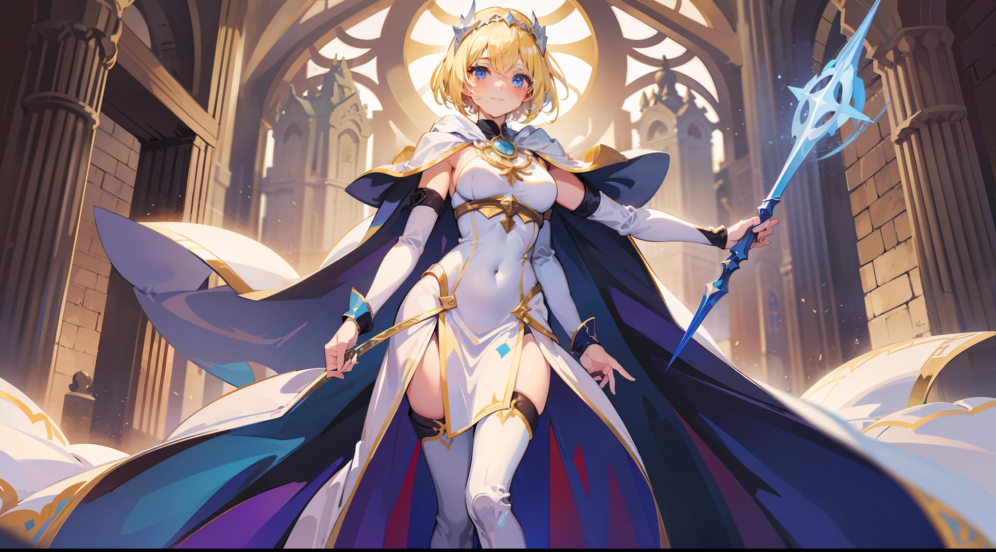 a girl, cleric, blonde, short hair, bright blue eyes, beautiful breasts, hair between eyes, bangs, full body, confident, heroic posture, smiling, looking at camera, white robe, cape, fantasy, medieval, magic, dusk