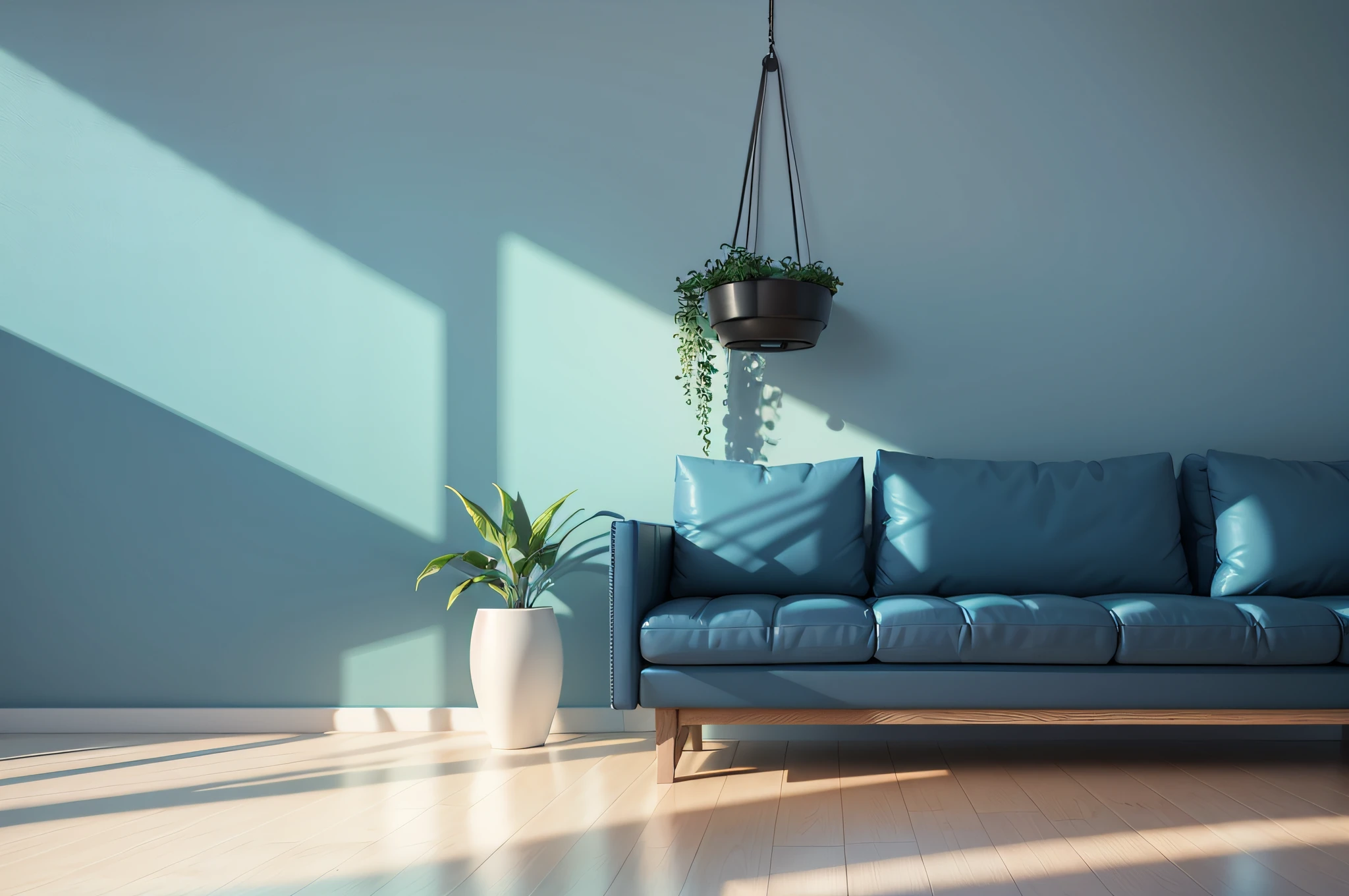 Empty room with a plant and blue wall mock up. 3D rendering. 3D illustration. --auto --s2