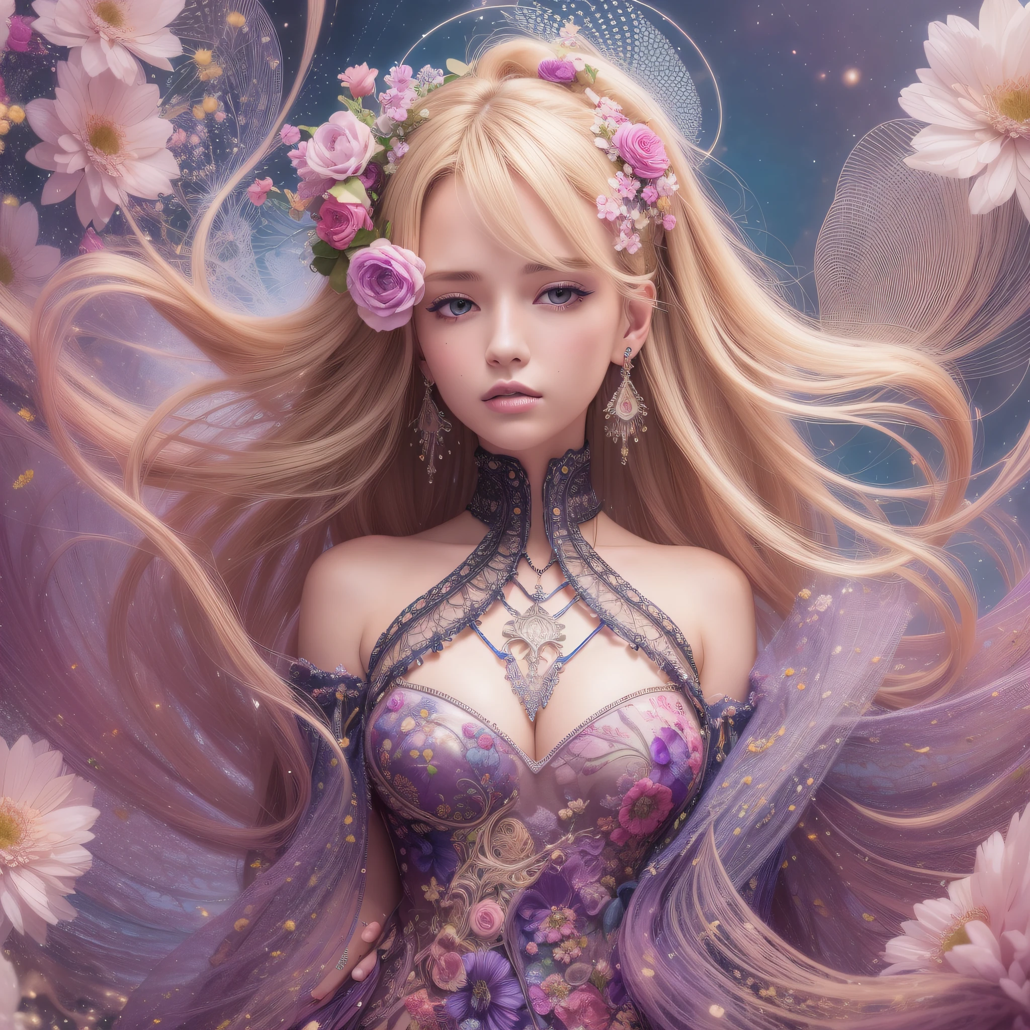 (best quality, masterpiece, official art, beautiful and aesthetic:1.2), 1girl, blonde, (hair ornaments, earrings, flowers hair ornaments), upper body, dynamic pose, looking at viewer, particle, wind, flower, intricate background, extremely detailed, (fractal art:1.2), colorful, (zentangle:1.2), (abstract background:1.5), (many colors:1.4), pixelated fragments, data corruption, colorful noise, visual chaos, contemporary aesthetics,