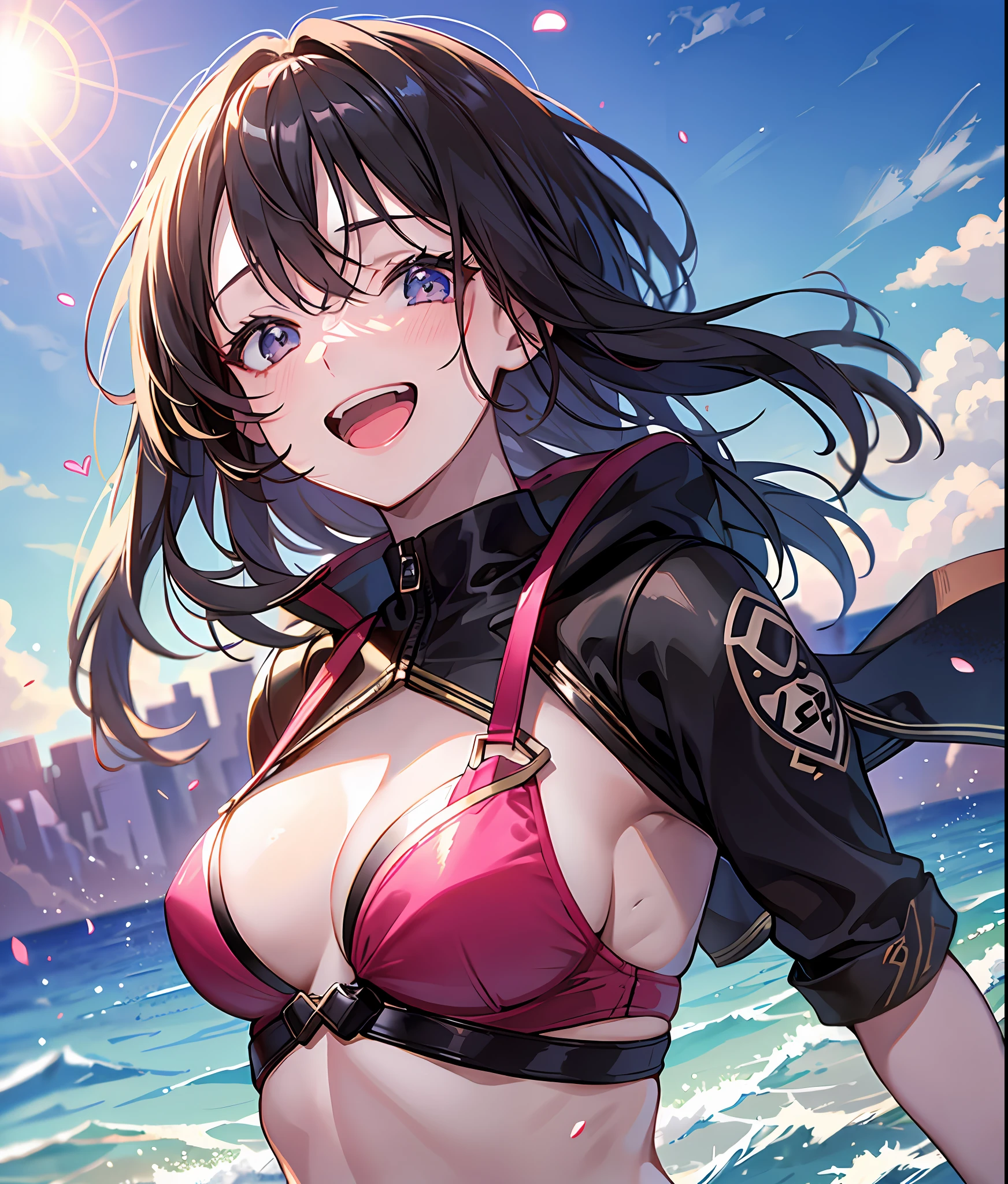 (8K, RAW, Top Quality, Masterpiece: 1.2), (Realistic, Photorealistic: 1.37), , Girl, Pink Bikini, Upper Body, Action Pose: 1.4, (Giant Laugh: 1.1), (Open Mouth: 1.1), (Wide Open Eyes: 1.2), Sun Glare, Bokeh, Depth of Field, Blurred Background, Light Particles, Strong Wind, (Heart Particles: 1.1)