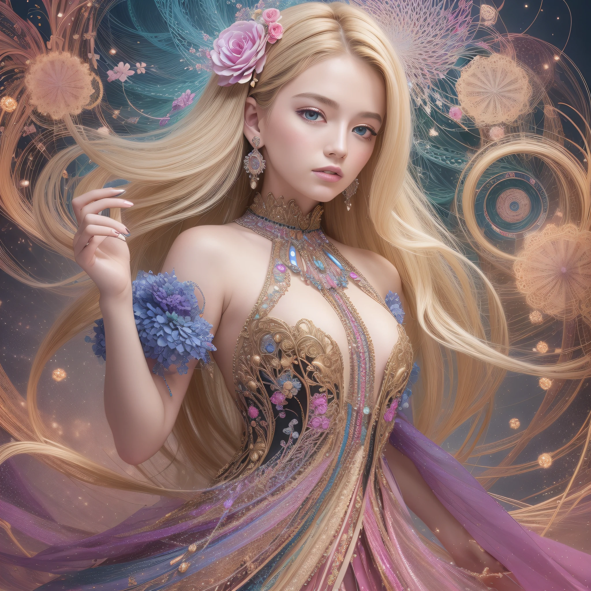 (best quality, masterpiece, official art, beautiful and aesthetic:1.2), 1girl, blonde, (hair ornaments, earrings, flowers hair ornaments), upper body, dynamic pose, looking at viewer, particle, wind, flower, intricate background, extremely detailed, (fractal art:1.2), colorful, (zentangle:1.2), (abstract background:1.5), (many colors:1.4), pixelated fragments, data corruption, colorful noise, visual chaos, contemporary aesthetics,