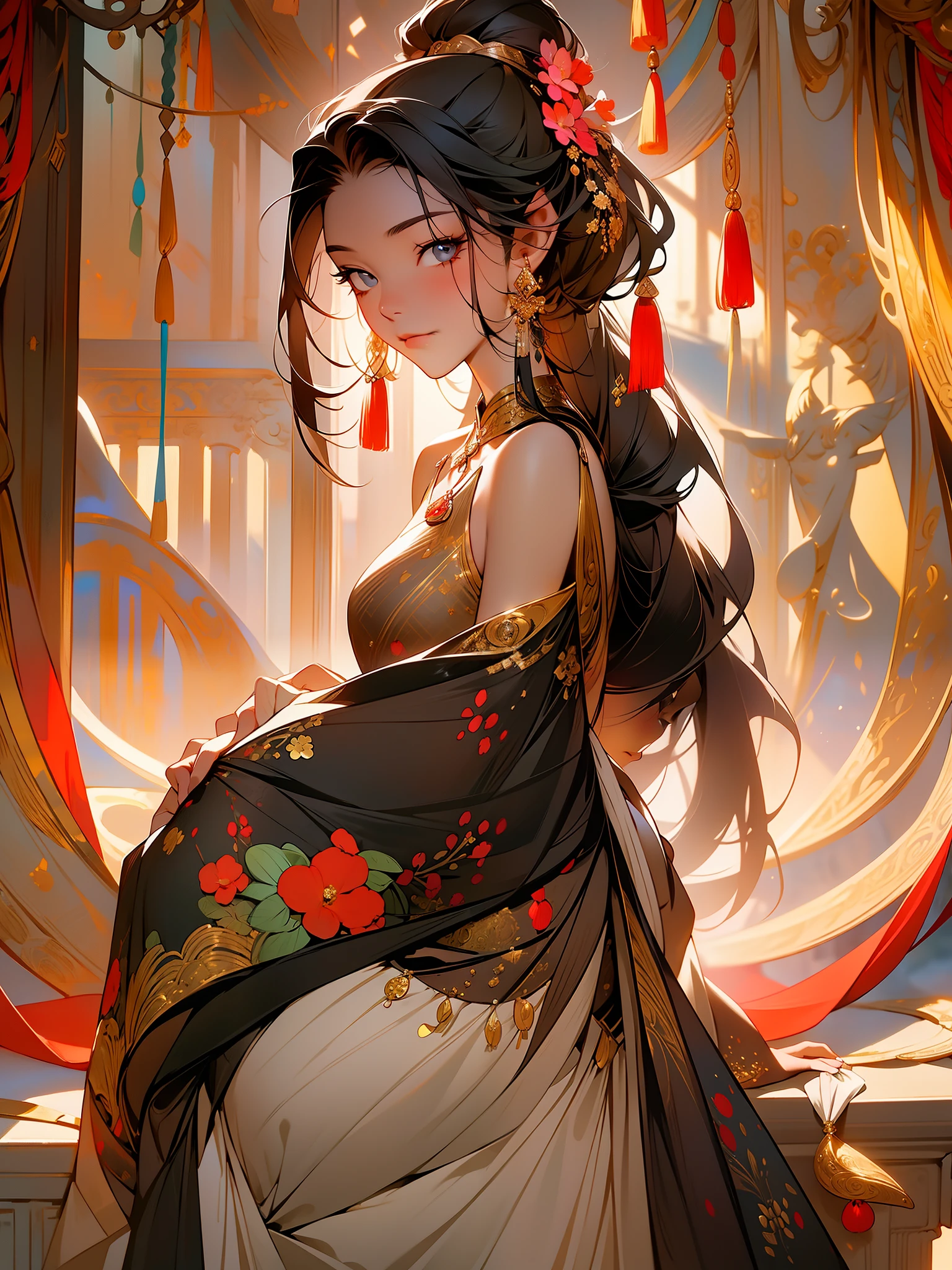 masterpiece, black hair, 1girl, looking at viewer, long hair, solo, jewelry, ancient art, chinese,
