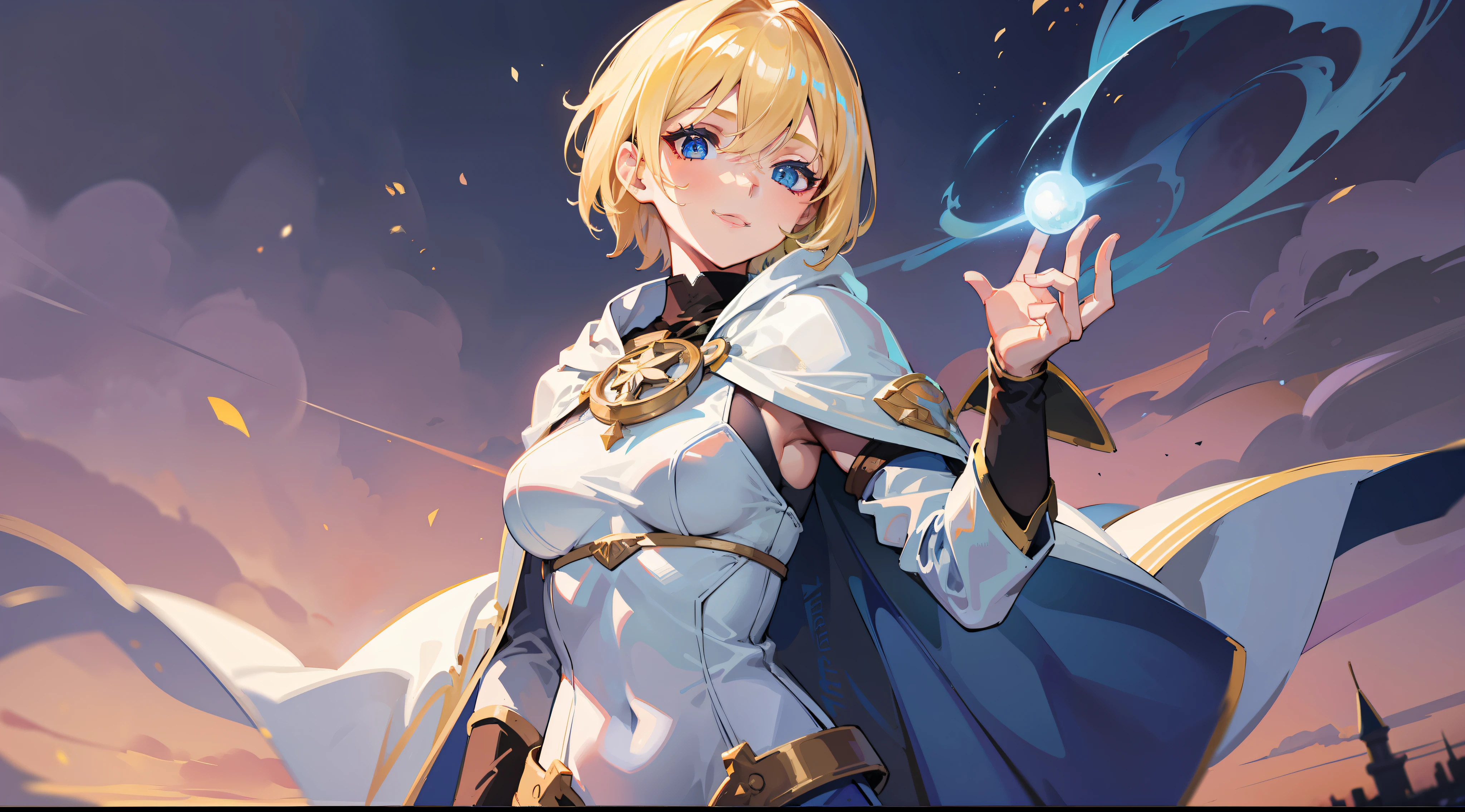 a girl, cleric, blonde, short hair, bright blue eyes, beautiful breasts, hair between eyes, bangs, full body, confident, heroic posture, smiling, looking at camera, white robe, cape, fantasy, medieval, magic, dusk