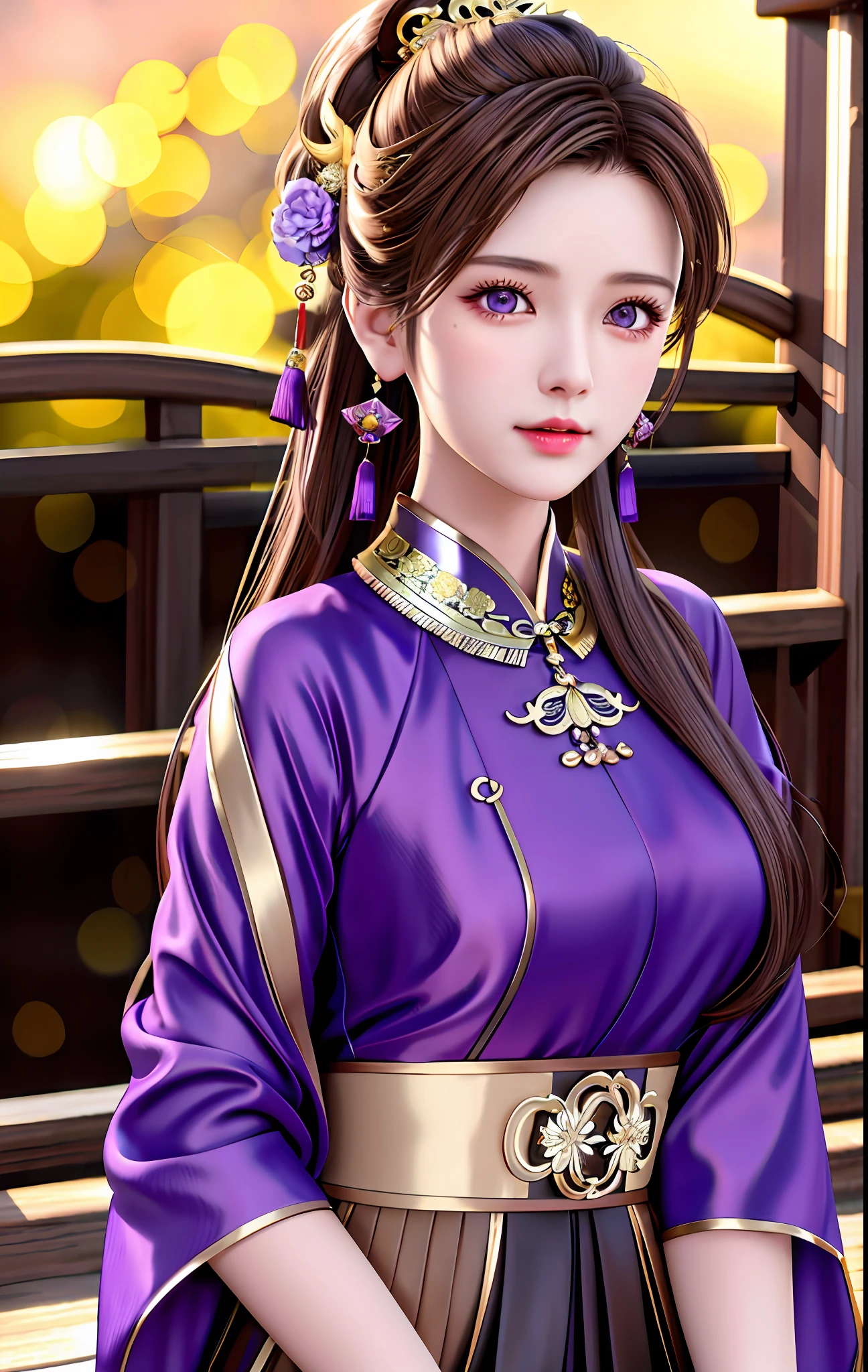 best quality, masterpiece, high_res, 1girl, hair ornament, necklace, jewelry, Beautiful face, tyndall effect, photo realistic, rim lighting, (high detailed skin:1.2), 8k uhd, dslr, soft lighting, high quality, volumetric lighting, candid, Photograph, high resolution, 4k, 8k, Bokeh, medium breasts, absurdres, (light brown hair color), (purple eyes color), traditional chinese dress, ponytail contorted,