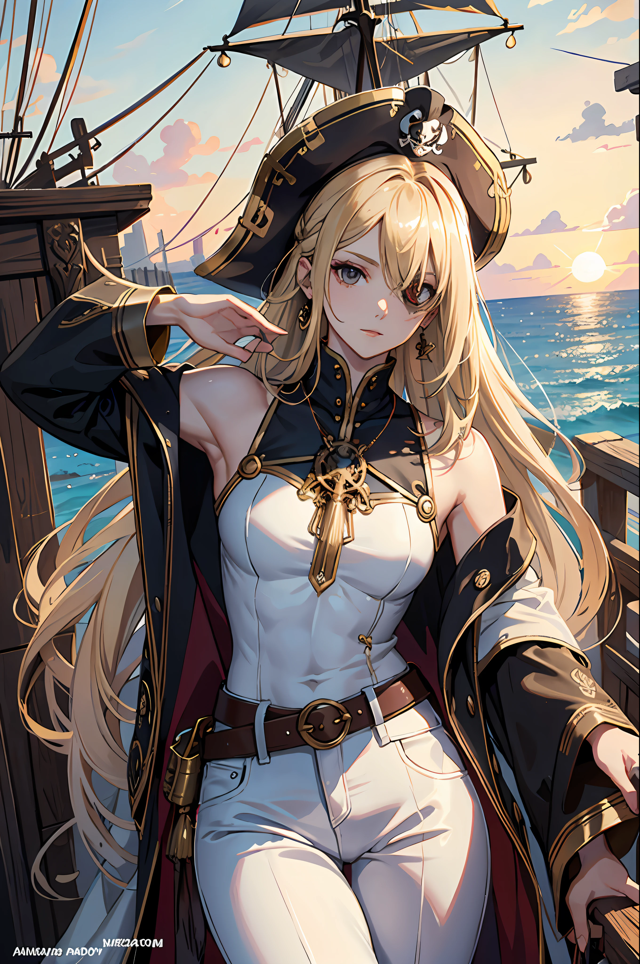 masterpiece, absurdres, best quality ,intricate details , (shiny skin, shiny body, shiny oily luster skin, shiny hair, pale skintone), pirate ship , Sundown , ((1man)), attractive, ((muscular)), adult, one eye patch, tattoo ,white blouse, earrings, brown pants, Parrot on the shoulder , Don't look at the view , Not looking at the view, blonde very long hair