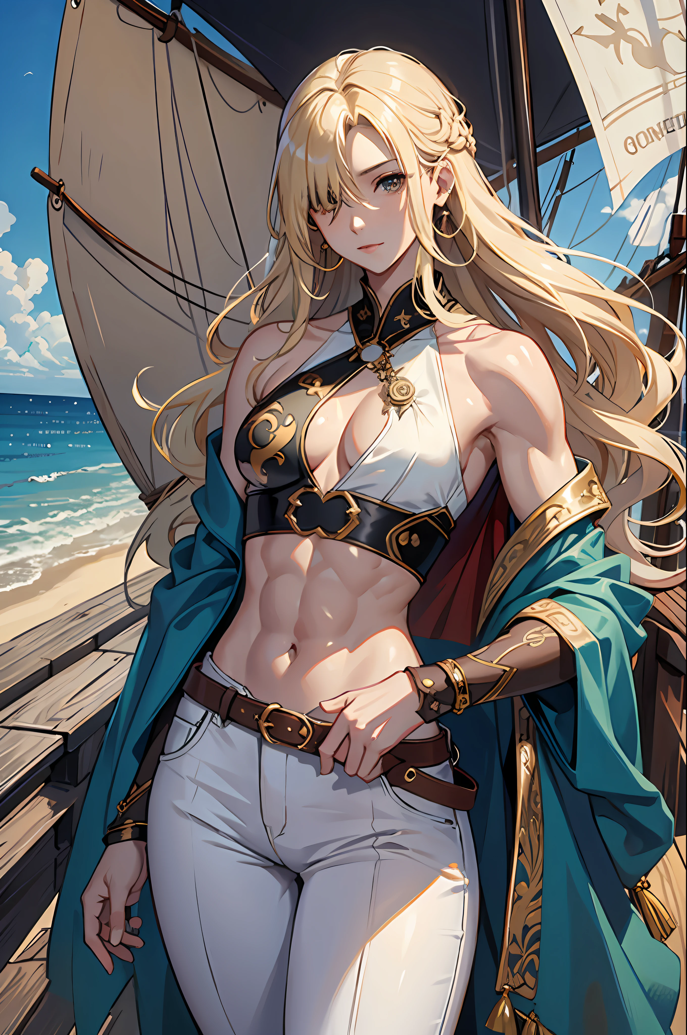 masterpiece, absurdres, best quality ,intricate details , (shiny skin, shiny body, shiny oily luster skin, shiny hair, pale skintone), pirate ship , Sundown , ((1man)), attractive, ((muscular)), adult, one eye patch, tattoo ,white blouse, earrings, brown pants, Parrot on the shoulder , Don't look at the view , Not looking at the view, blonde very long hair