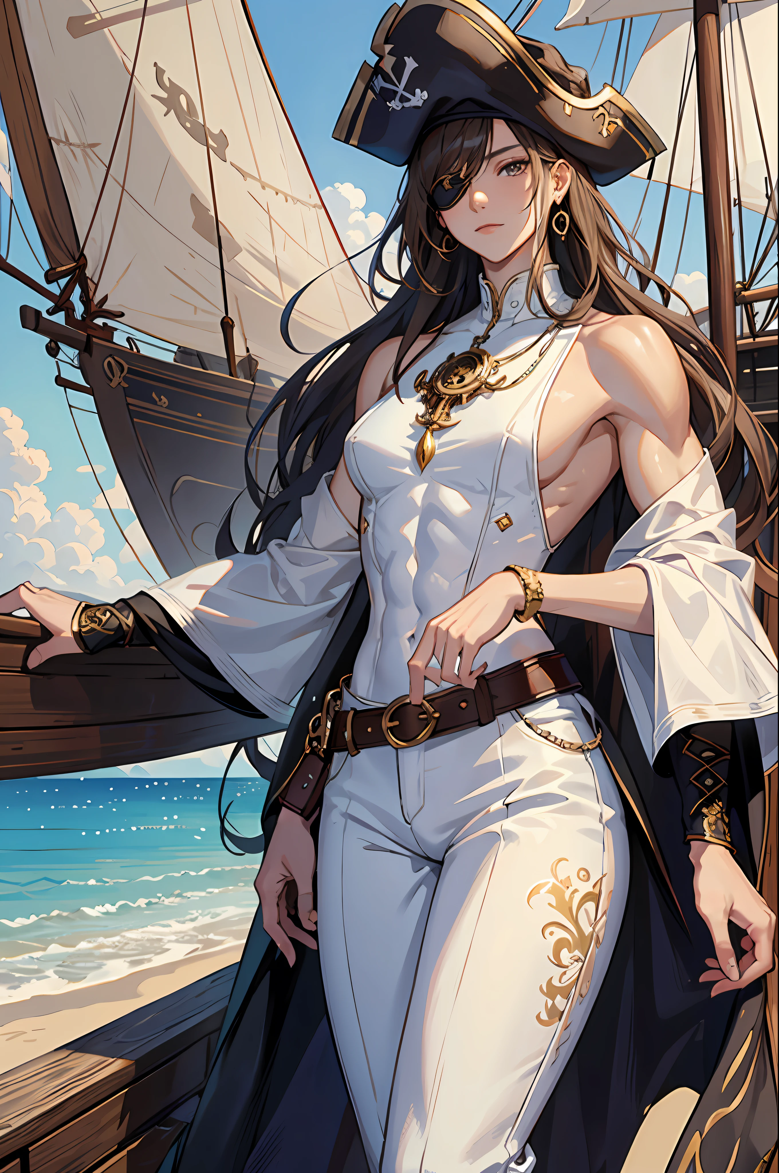 masterpiece, absurdres, best quality ,intricate details , (shiny skin, shiny body, shiny oily luster skin, shiny hair, pale skintone), pirate ship , Sundown , ((1man)), attractive, ((muscular)), adult, one eye patch, tattoo ,white blouse, earrings, brown pants, Parrot on the shoulder , Don't look at the view , Not looking at the view, blonde very long hair
