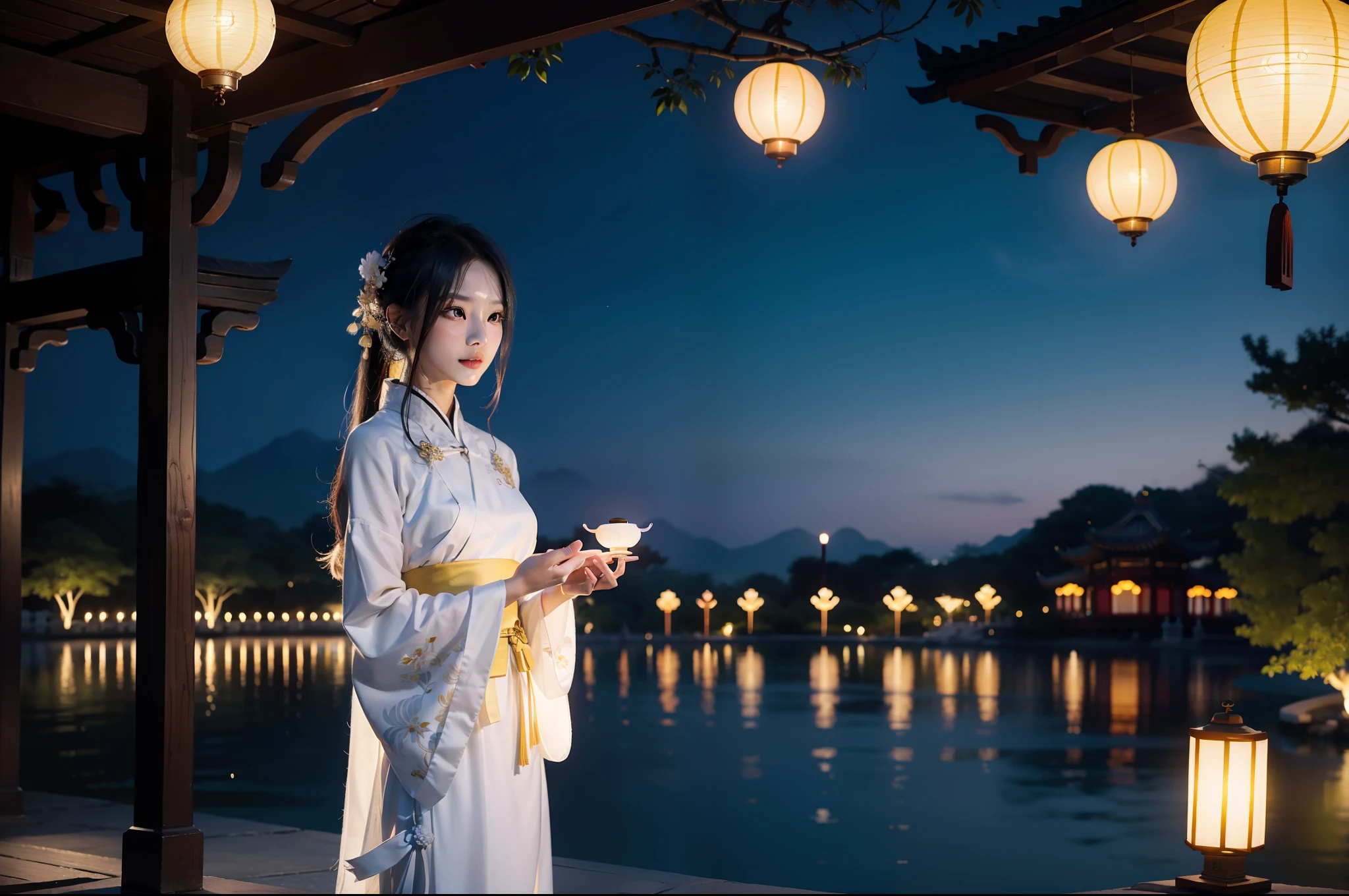 A gorgeous model dressed in white Hanfu, holding a small yellow lantern of delicate ancient China in both hands, flying in the air, next to the pavilion by the dreamy West Lake of Hangzhou, outdoors, deep blue sky in the early morning, night view, photography grade lighting, 4K, product shooting, realistic details, perfect photo, half body --ar 3:4 --q 2 --v 5 --s 750