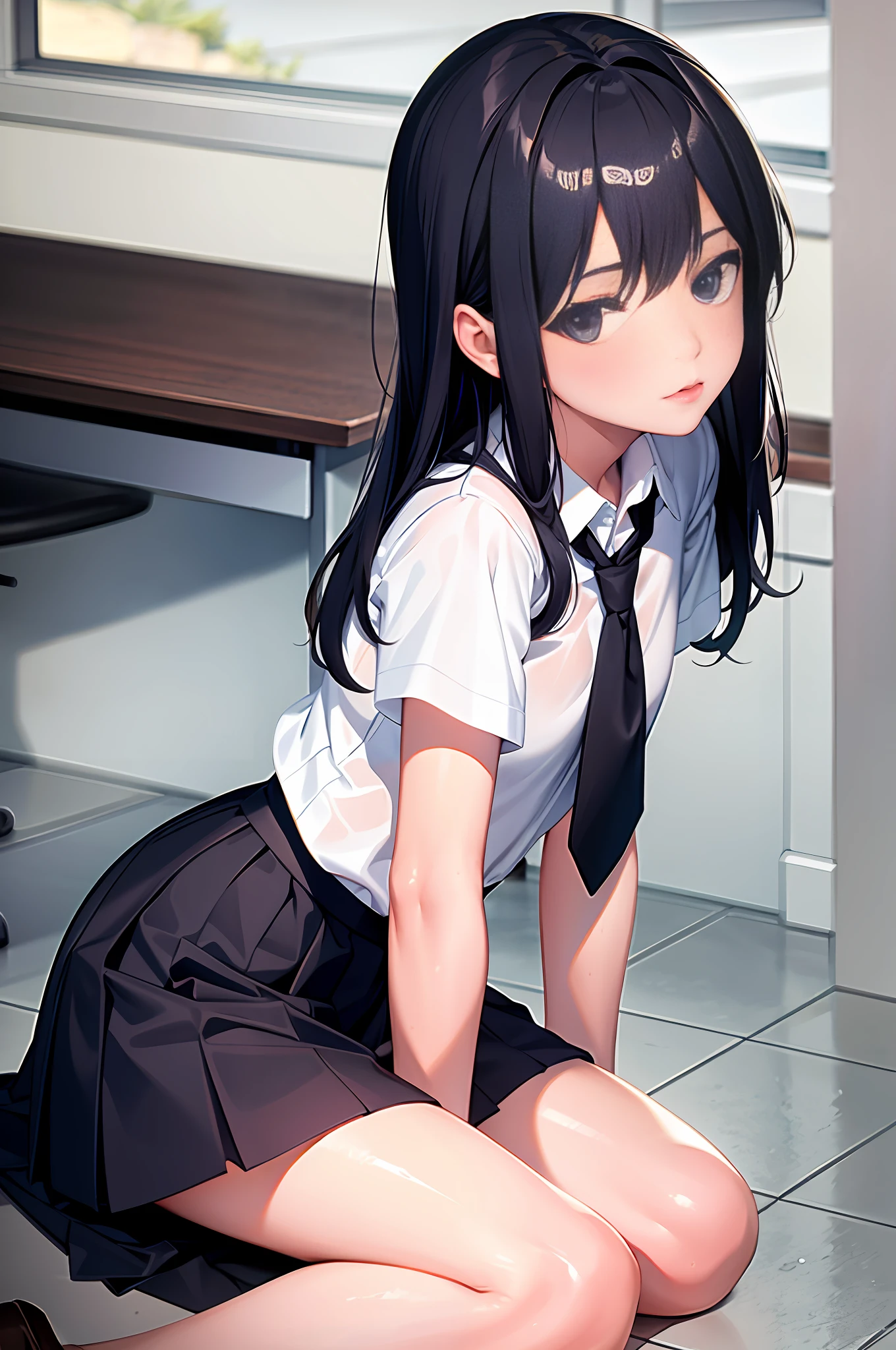 17 years old, school uniform, black hair, straight, sitting, sideways, middle chest, wet, sheer