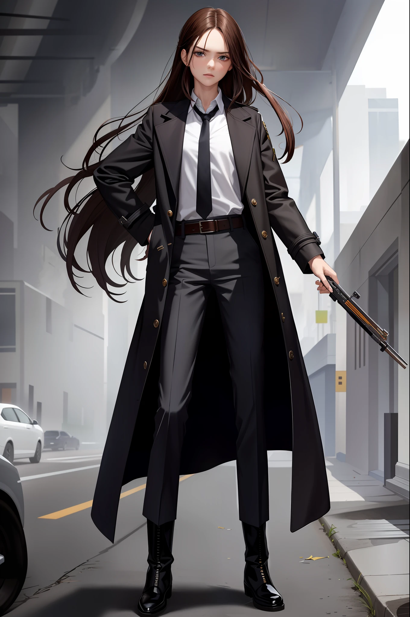 (Masterpiece: 1.2), (Best Quality: 1.2), 1 Girl, Full Body, Solo, Killer, Underworld, Shaved, Brunette Hair, Long Hair, Messy Hair, (Long Black Trench Coat), Button Shirt, Pants, Belt, Tie, Focused, Frow, Sharp Eyes, Mechanical Boots, Gray Background