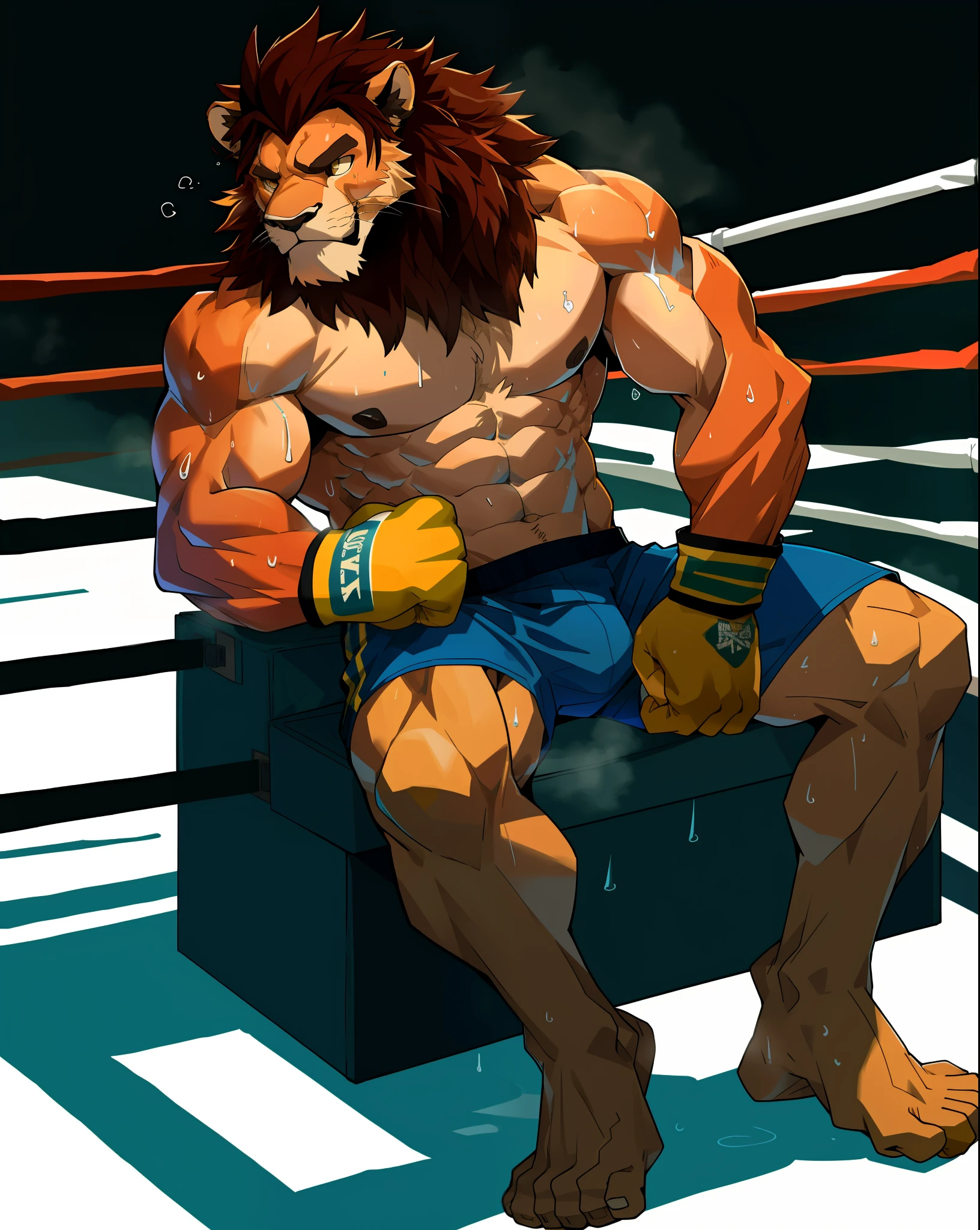 boxing ring, natural lighting, anthro, male, solo, lion, (muscle:1.4), boxing trunks, boxing gloves, sitting, barefoot, barechest, (sweat:1.3) (correct anatomy:1.4)