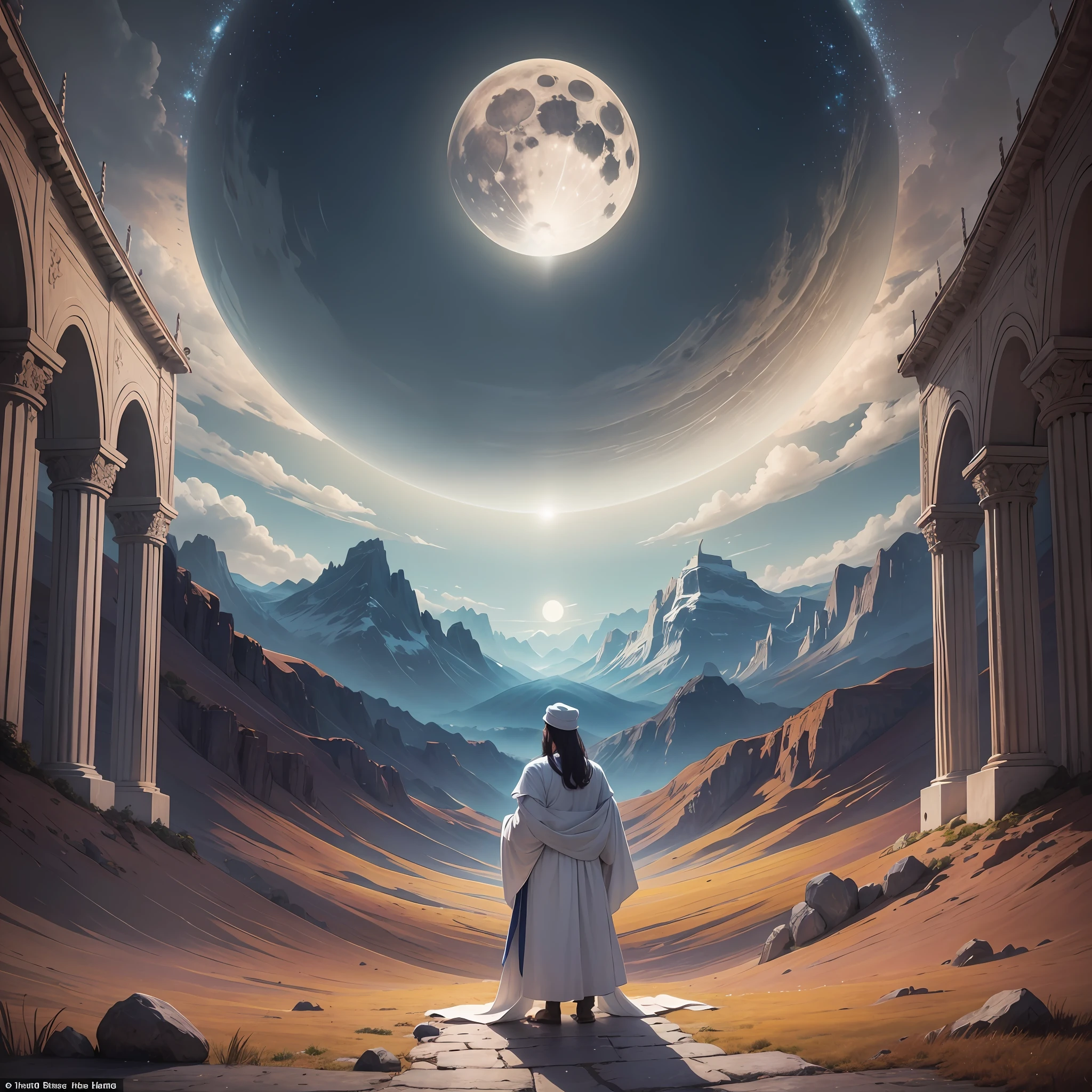 Landscape of a photo of a man under a sky of full moon and beautiful almost surreal, this man looks like a disciple of Jesus, he is in prayer with the fervor of a being who believes and knows that his prayer will be heard, at his feet there is a beautiful woman, straight hair, white skin brown eyes and with a serene and confident countenance; landscape with vibrant colors and a tone of mystery; it looks like a scene from an account taken from a holy book of a remote but powerful sect or religion; that it is as real as a dream, of which dreams we are sure we were there witnessing such a scene --auto --s2