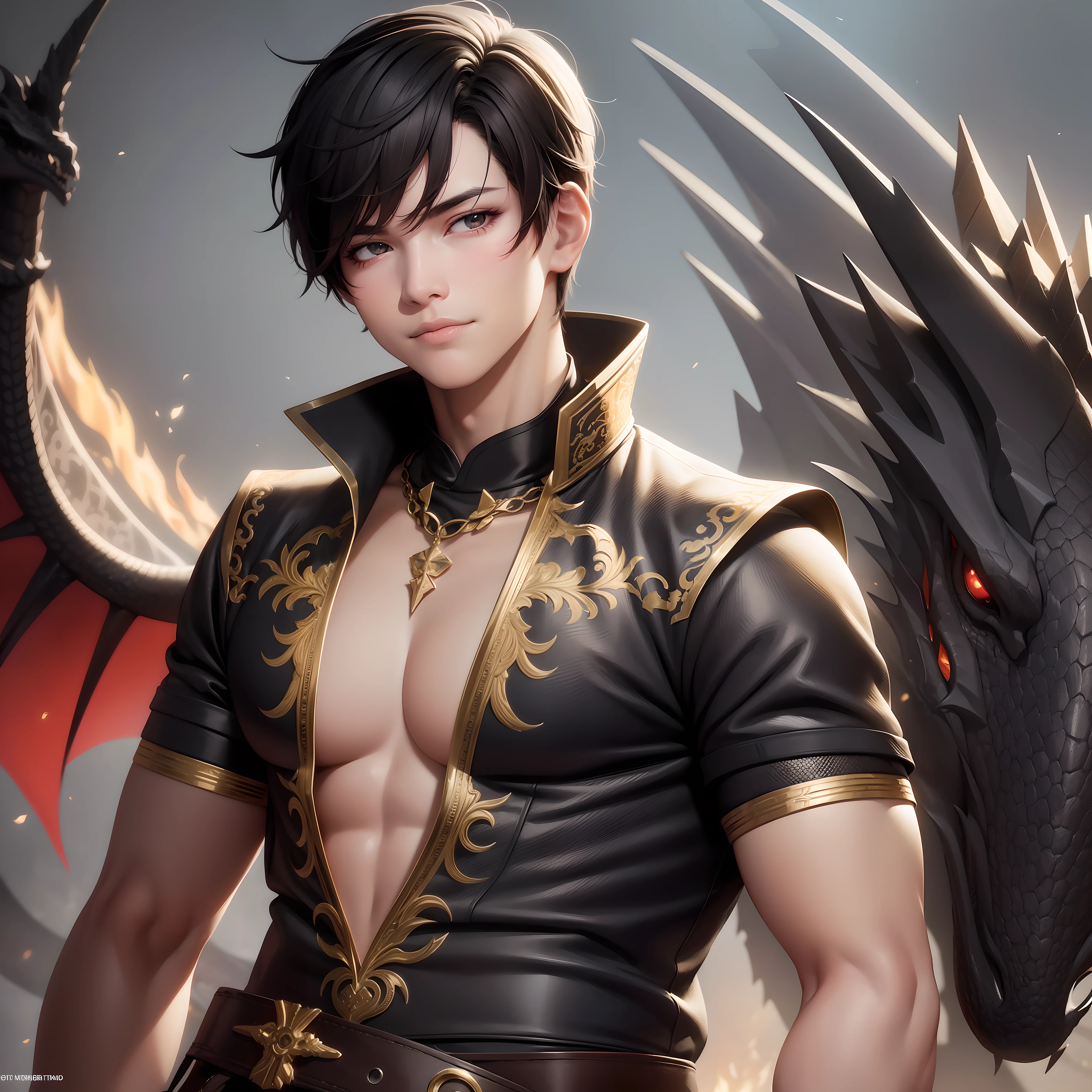 (Realistic, Realistic: 1.3), Extremely delicate and beautifully detailed Boy and Dragon (Best Illustrated), Most Beautiful Shadow, Complex, (Behind a Vietnamese Black Dragon (Dragon: 1.3) ), Surrounded by Flames, Black Mountains, Clouds, Sunset, Sharp Focus, Volumetric Fog, 8k Ultra HD, DSLR, High Quality, (Film Grain: 1.4), Fujifilm XT3, Official Art, Unified 8K Wallpaper, Vietnamese guy, short hair, muscular, High Detail, Dynamic Angle, Shooting (Light Color), OC, (Half: 1.2), Vietnam, (Tape: 1.3), (Dream: 1.3) : 1.5), (Hanfu: 1.5), (Smile: 0.5), (Male God 1.3), Complex, Super Detail, Detailed Background, Cinematic Lighting, Best Shadow, Face Detail, Light dramatic light, intricate detail, layered short hair, elegant light, wide angle, alone, full body, colorful, fire, muscle, 6 pack, pretty short hair, light brown eyes, pretty pattern , gems, gold, volumetric light, contrast, boy with dragon on his head, boy with black hair, wearing modern vietnamese fashion --auto --s2