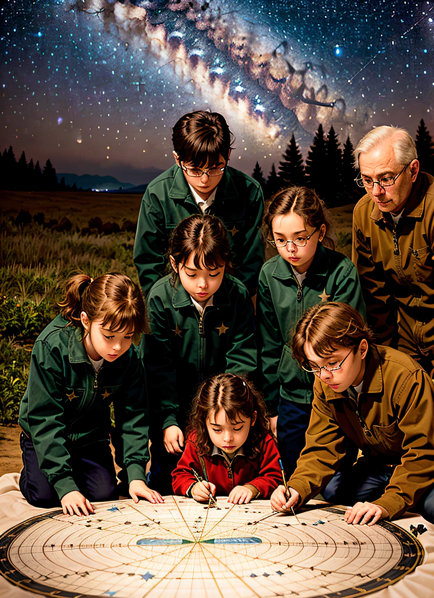 Mia, Peter, Luna, and Astro gathered around the star map, studying its constellations and notes. They realized that the map showed not only the stars in the night sky, but also specific points in the galaxy. Is it possible that those points hid some kind of message?