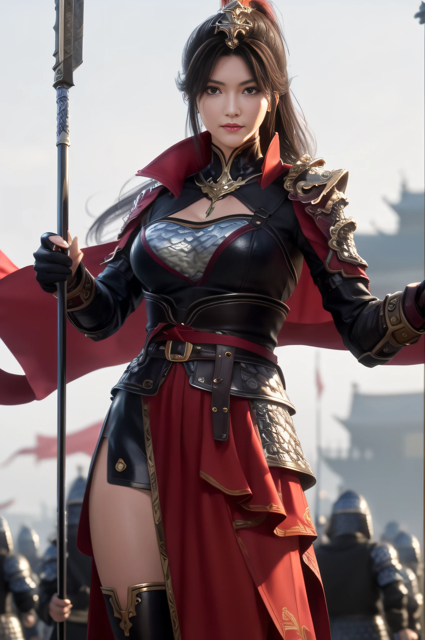 rows and buildings of red flags, standing in front of a group of people in armor standing in the field against the background of flags, red costume, shoulder_armor, armor, armored dress, armored boots, red_cape, high_collar, helmet on her head, (swinging a spear at the enemy and repelling), holding_weapon, spear, real, thighs ,, bangs, black_hair, brown_eyes, long_hair, turtleneck, 1 girl, 20 years old, mature woman, beautiful fingers, beautiful long legs, beautiful body, beautiful nose, beautiful character design, perfect eyes, perfect face, look viewer, NSFW, official art, highly detailed CG Unity 8k wallpaper, perfect lighting, colorful, Bright_Front_face_Lighting, (Masterpiece:1.0), (best_quality:1.0), Ultra High Definition, 4K, Ultra Detail, Photography, 8K, HDR, High Definition, Absurdity: 1.2, Kodak Portra 400, Film Grain, Blurry Background, Bokeh: 1.2, Lens Flare, (vibrant_color:1.2) (Beautiful,large_Breasts:1.4), (beautiful_ face:1.5),(narrow_waist),