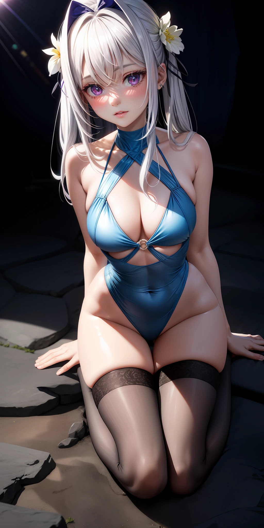 Real, One girl, White hair, Purple eyes, Glowing eyes, Simple background,fantastic sandy,Crawling on all fours , Fantastic, Hairstyle is twin-tailed, Impossibly large breasts, Angled from below, small see-through micro bikini in blue, , Silver T-back, Swimsuit see-through, Back, Protruding buttocks, Parted lips, Blush, Rough breath, Flower, Sun, Sunlight, {{{Masterpiece}}},
{{{{{Official Art}}}}},
{{{high quality}}},
{{{highest quality}}},
{{{{8k_wallpaper}}}},
{{{{Very detailed eyes}}}},
{{{{{Very detailed body}}}},
{{{Very detailed finger}}}