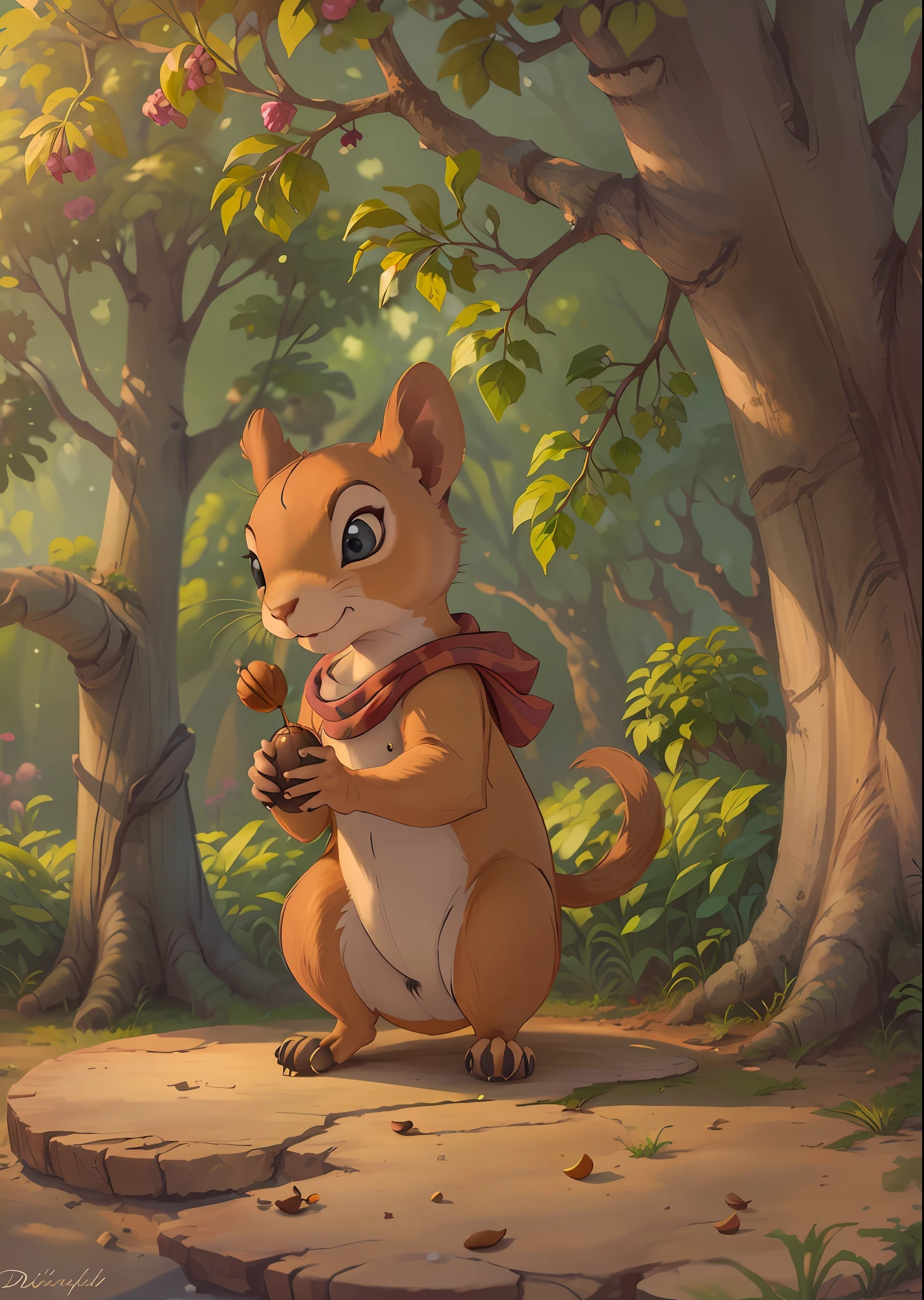 A small squirrel sitting holding a walnut, staring at the viewer. Colorful Disney Cartoon style image. 2D.