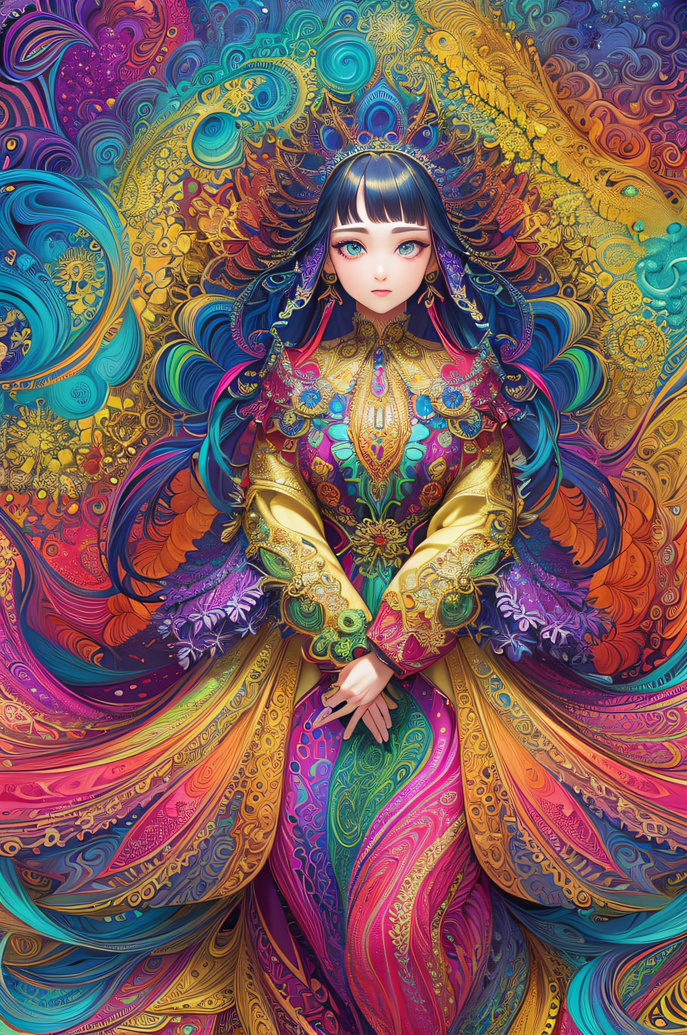 (masterpiece, top quality, best quality, official art, beautiful and aesthetic:1.2), (1girl:1.3), extremely detailed,(fractal art:1.2),colorful,highest detailed,(zentangle:1.2), (dynamic pose), (abstract background:1.5), (treditional dress:1.2), (shiny skin), (many colors:1.4), upper body