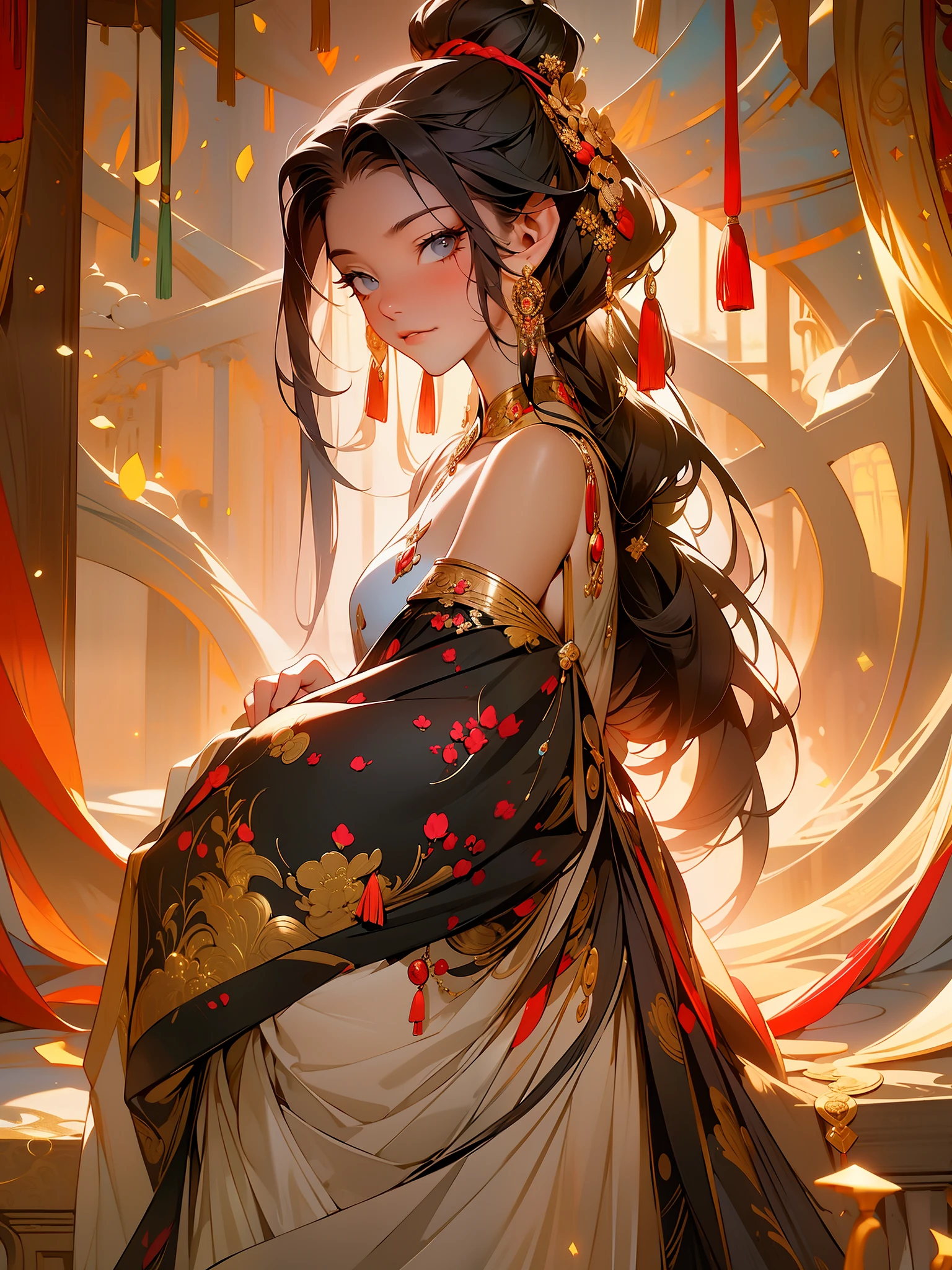 masterpiece, black hair, 1girl, looking at viewer, long hair, solo, jewelry, ancient art, chinese,