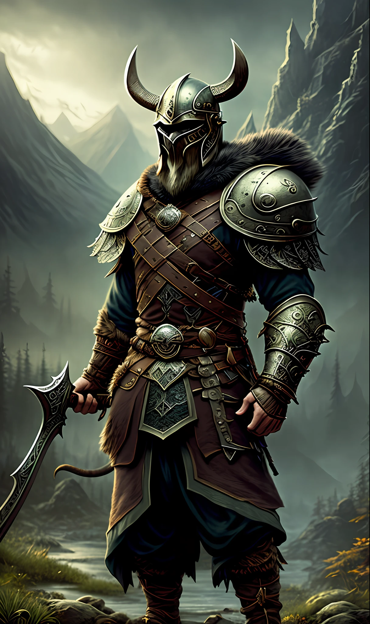 Viking warrior, hyper detailed and ornate black armor, dark helmet, dark look, full body, in artstation forest art, hazy background, realistic epic, rutkowski, hdr, intricate details, hyperdetailed, cinematic, rim light, muted colors: 1.2, dark fantasy, dark and reddish sky, with dark mountains in the background, dark and dangerous atmosphere