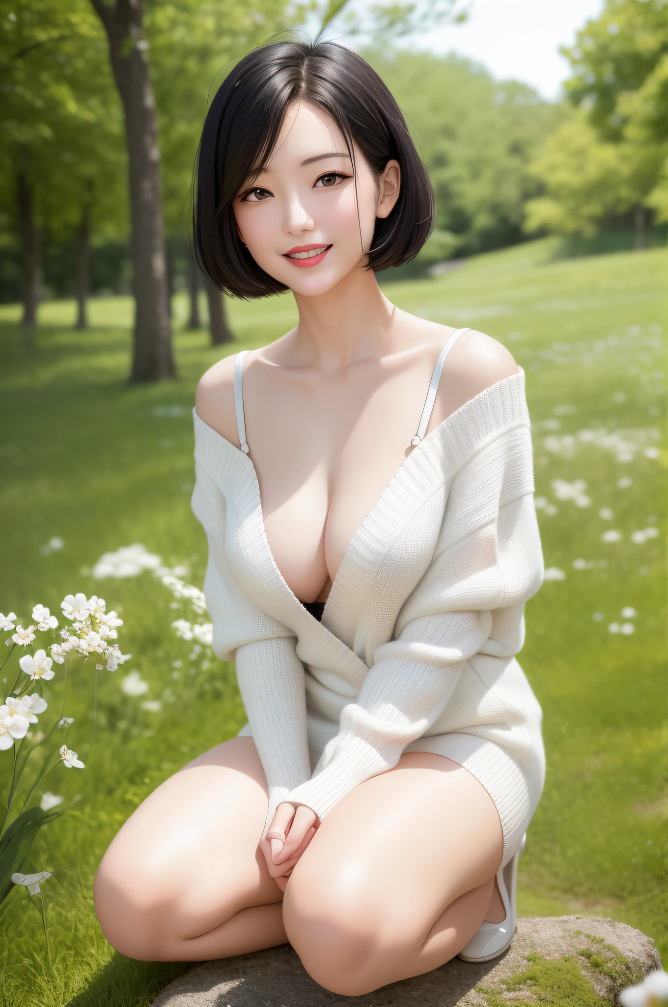 A japanese woman stands in a park where white clover blooms all around, a forest can be seen in the background, exquisite and beautiful face, exquisite collarbone, seductive and delicate collarbone, charming fragrant shoulders, shoulders slightly exposed, open-shoulder long sweater,sky blue sweater, pretty face, (peach Red lips:1.1), tender and smooth skin,(white skin:1.2),(black hair:1.1),(bob hair:1.2), short hair,(smile:1.2),smile with teeth, white teeth,very realistic details, ultra-high resolution,bokeh,outstanding details, full body