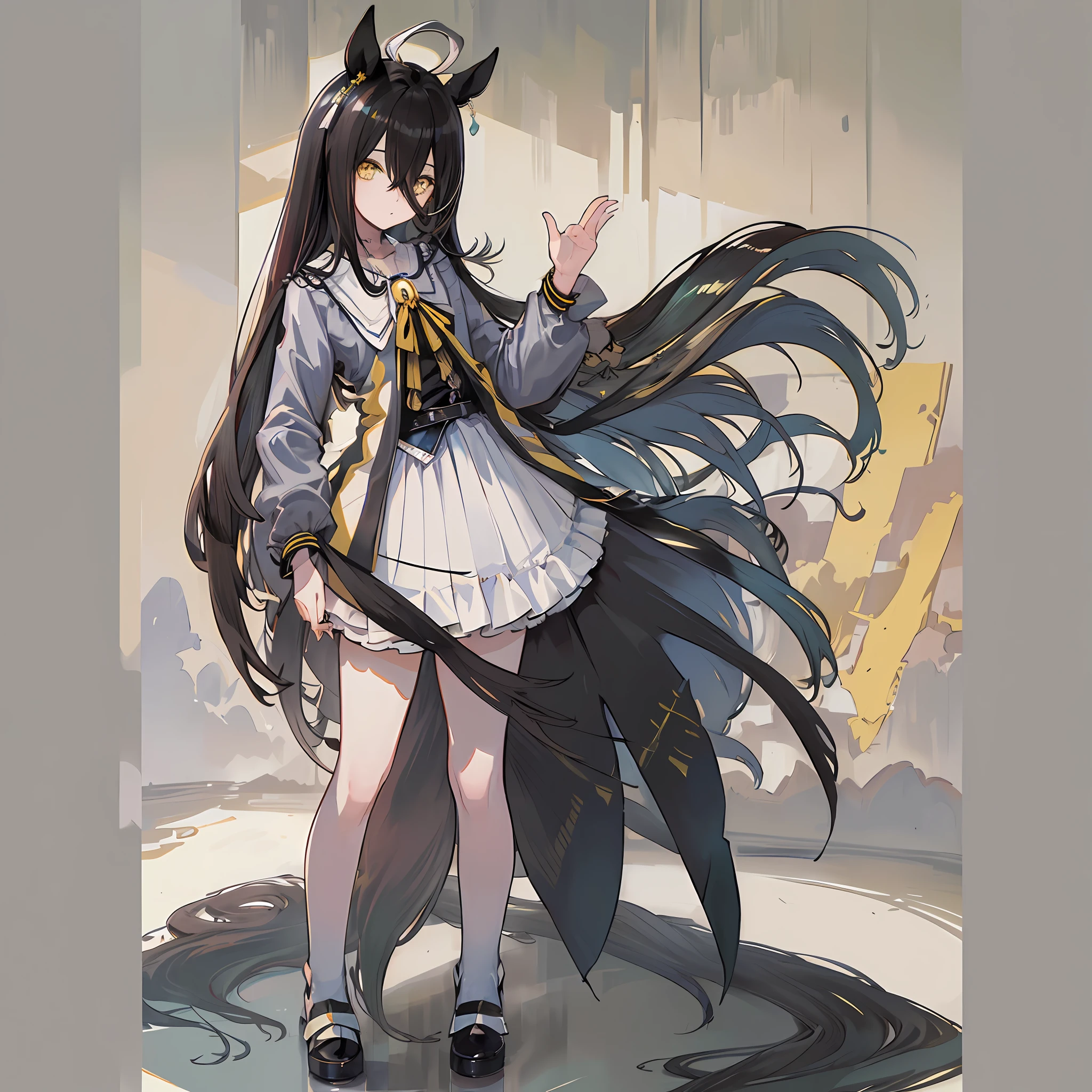 ((Masterpiece)), ((Highest image quality)), ((Best image quality)), (((Illustration of only one girl)), Horse ears, Horse tail, Ahoge of a thin white color independent of black hair, Long black hair, Straight flat, Very thin and long black bangs passing between the eyes, Yellow eyes that shine bewitchingly without highlights, Elongated and beautiful five fingers, ((((Standing)))