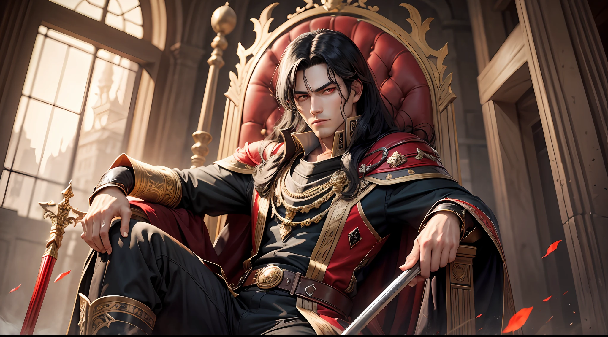 The king sat on the throne, with red eyes, a handsome face, and black hair. Hammer in hand --auto --s2