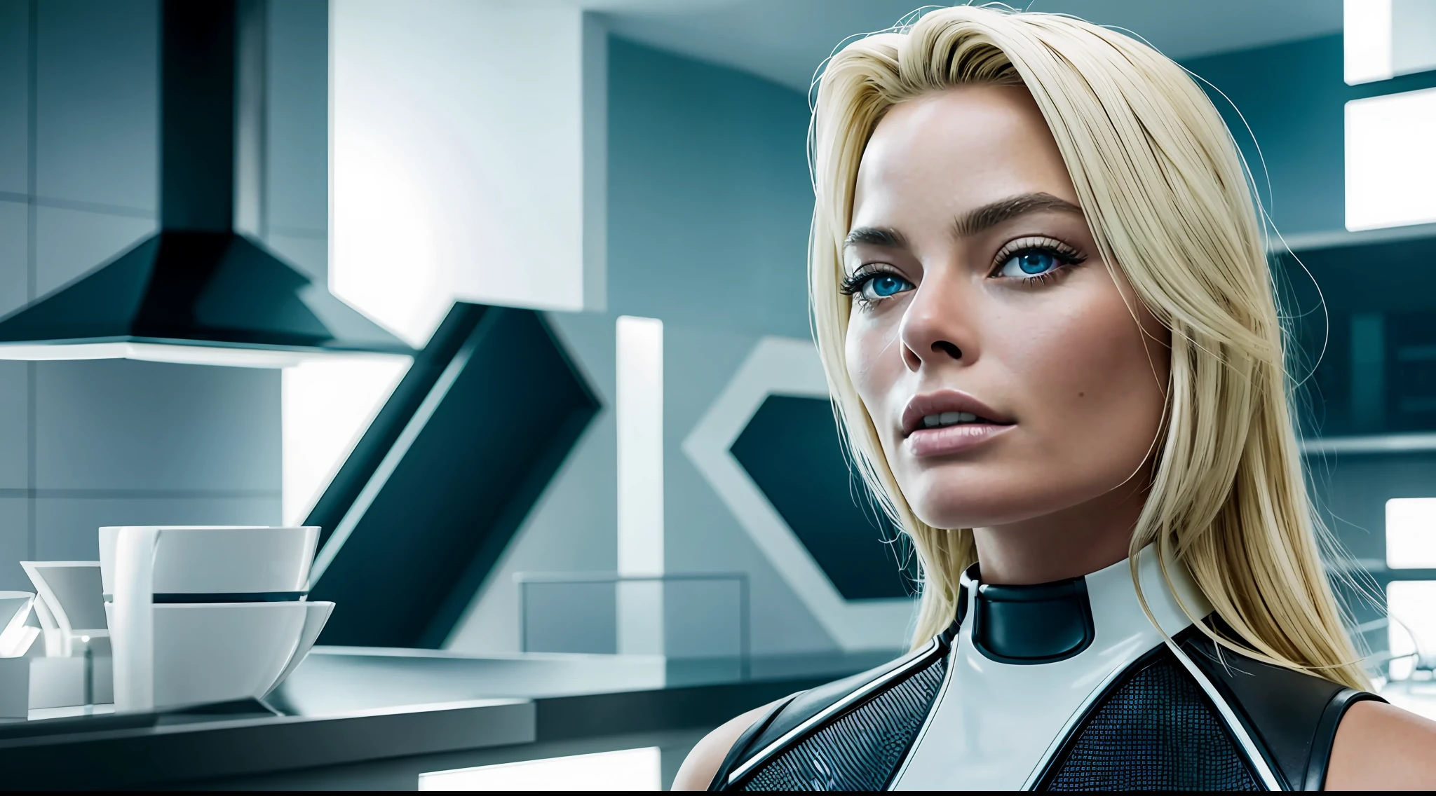 environmental wide-angle shot futuristic home cooking, action shooting, stylish clothing, cracked porcelain skin, blonde woman, closeup Margot Robbie, vibrant, photorealistic, realistic, dramatic, dark, sharp focus, 8k