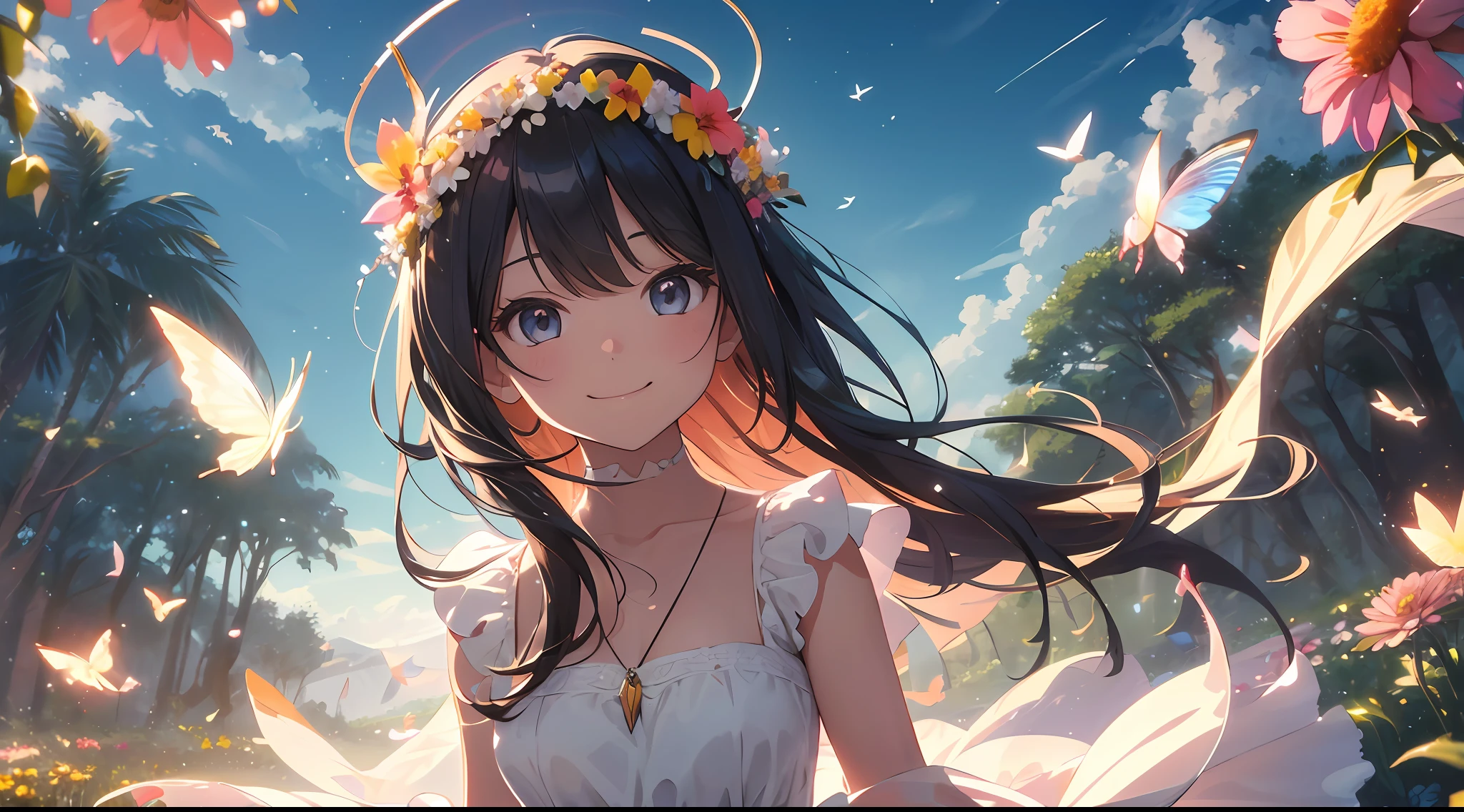 ((SFW))), Masterpiece, (High Quality), ((Photoreal)), (Cinematic Direction), (High Contrast), (Depth of Field: 1.3), (Award-winning Difference Photo: 1.1), (Face Detail), Detailed Drawing, There is a place in the forest where flowers bloom, Girl dancing in a snow-white summer dress in the flower field, Animals are jumping happily around the girl, Colorful little birds and butterflies flying around the girl, the girl is 9 years old, black hair very long hair, flower crown, full body figure, summer sky, summer daytime, summer clouds, summer dazzling sunshine, (flower garden), girl with open arms, dancing, necklace, (((smile)), smile, happy, fun, girl looking up at the sky, deer, flapping duck, flapping goose, hummingbird, European bulbul, kingfisher, European Ooruli, ((Butterfly)), (Dazzling halo light), (Dazzling glow: .1.6), (Glow: 1.3), Backlit, (Multicolored petals soar in the wind: 1.4), Strong wind, Toothless, Colorful flowers, (Divine Light), Mystical Glow, Anime Girl, Anime Face, Anime Eyes, Anime Nose, Anime Mouth,