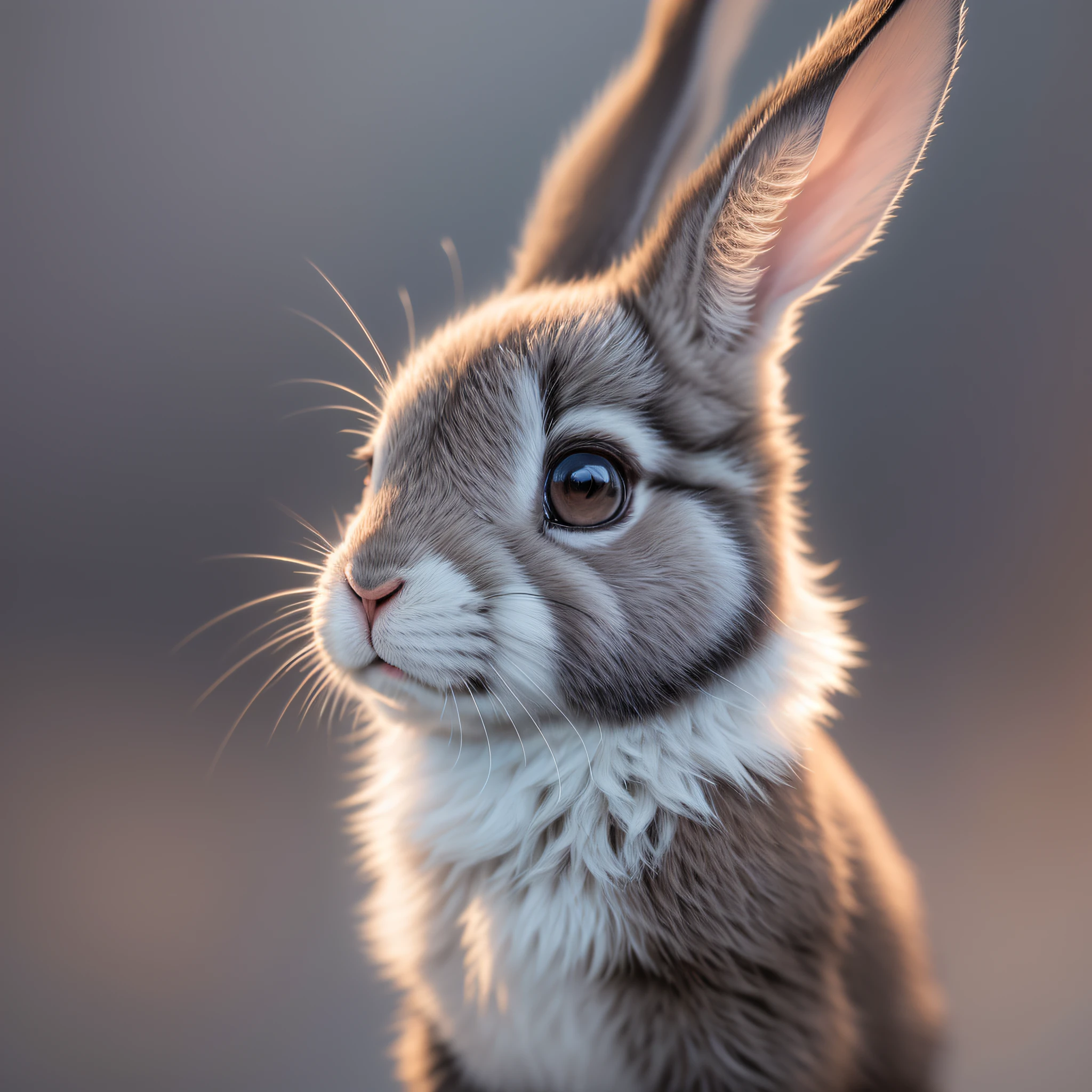 Black, close-up photo of a rabbit, super close close, blurred foreground, winter, breathtaking, realistic, masterpiece, volumetric light, backlight, sunlight, glow, soft colors, low saturation, hairy, firefly, volumetric fog, halo, bloom, center, rule of thirds, 200mm 1.4f macro shot