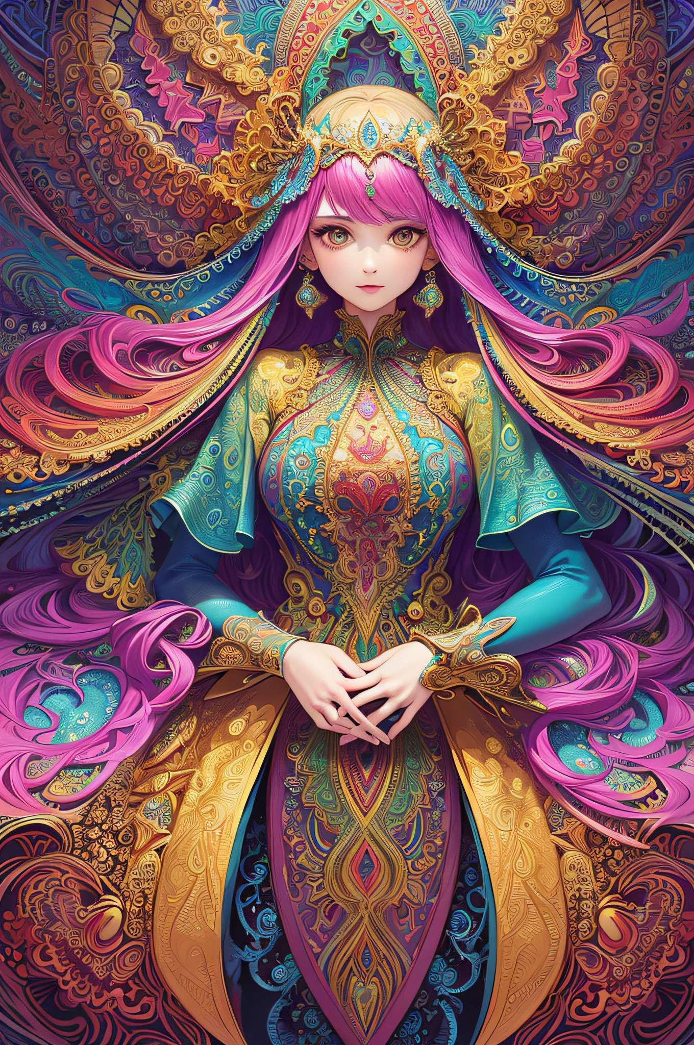 (masterpiece, top quality, best quality, official art, beautiful and aesthetic:1.2), (1girl:1.3), extremely detailed,(fractal art:1.2),colorful,highest detailed,(zentangle:1.2), (dynamic pose), (abstract background:1.5), (treditional dress:1.2), (shiny skin), (many colors:1.4), upper body