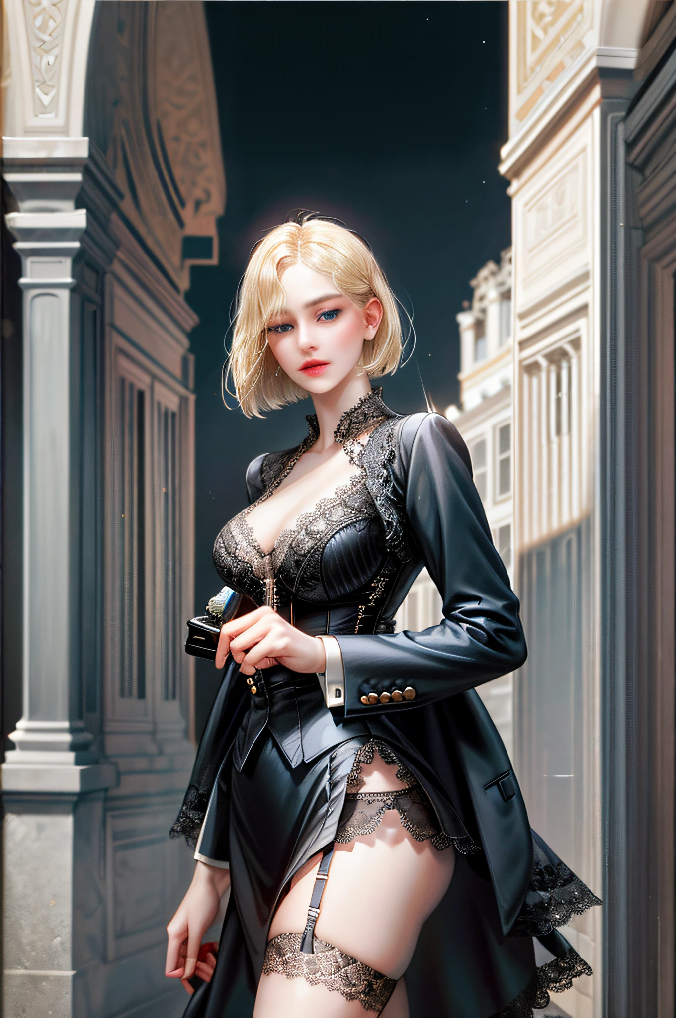 aristocratic young woman, blonde, blue-eyed girl, short cut bob, carrier woman, urban skyscraper street, black suit, jacket front open, cleavage braless areola, mini tight skirt slit,
