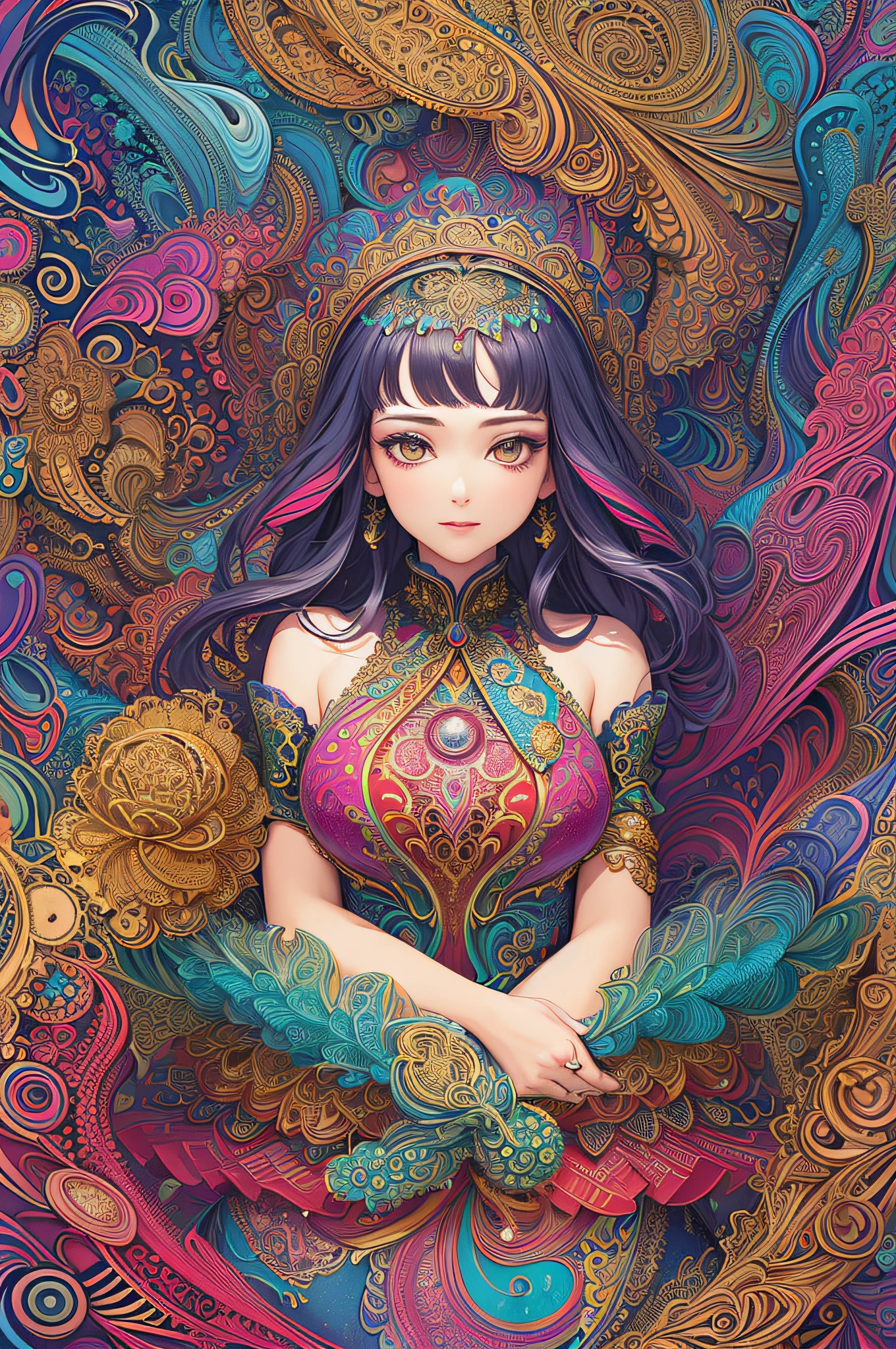 (masterpiece, top quality, best quality, official art, beautiful and aesthetic:1.2), (1girl:1.3), extremely detailed,(fractal art:1.2),colorful,highest detailed,(zentangle:1.2), (dynamic pose), (abstract background:1.5), (treditional dress:1.2), (shiny skin), (many colors:1.4), upper body