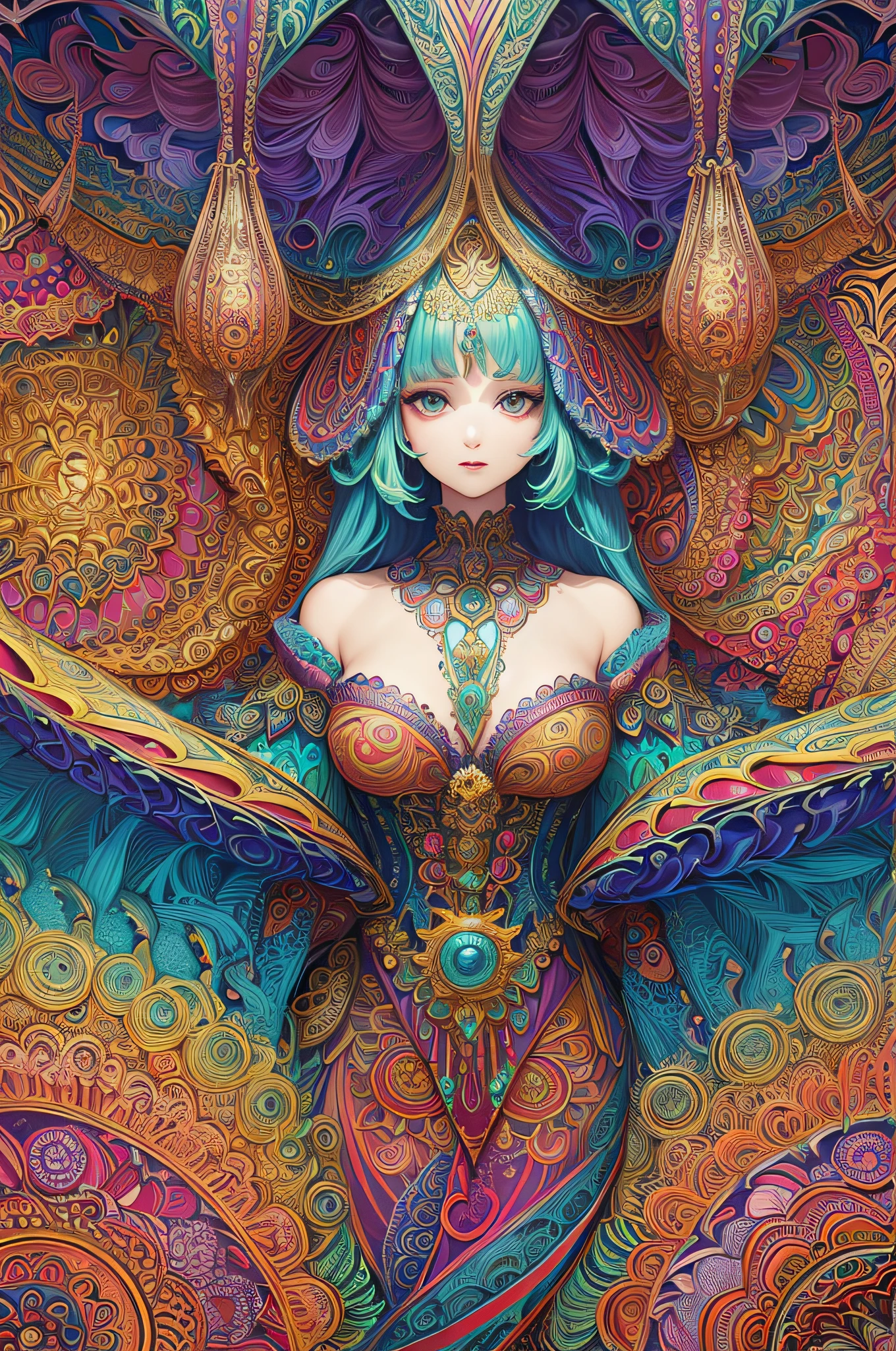 (masterpiece, top quality, best quality, official art, beautiful and aesthetic:1.2), (1girl:1.3), extremely detailed,(fractal art:1.2),colorful,highest detailed,(zentangle:1.2), (dynamic pose), (abstract background:1.5), (treditional dress:1.2), (shiny skin), (many colors:1.4), upper body