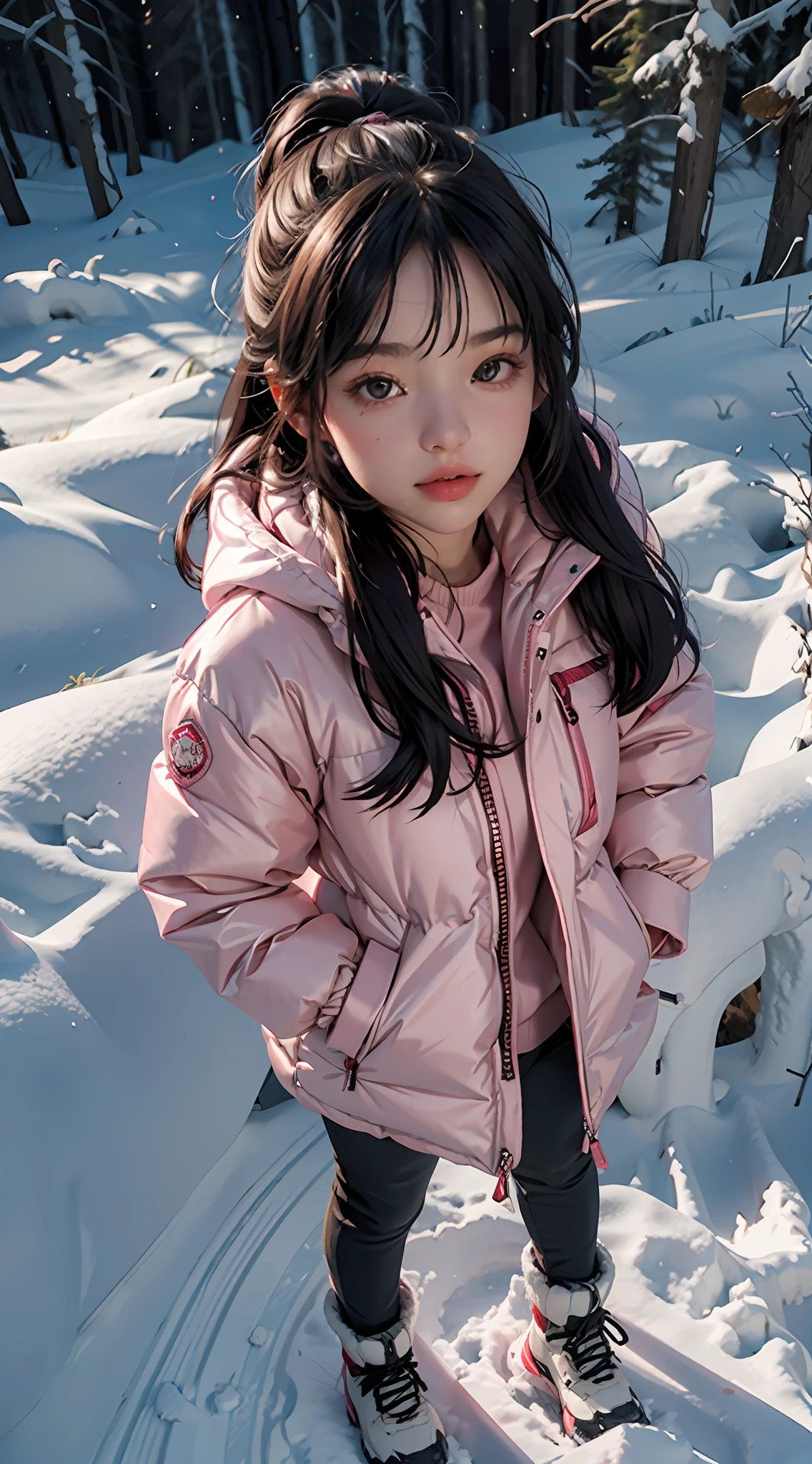 Masterpiece level, best quality, ultra-sharp resolution, realistic details (fidelity: 1.4) CG work, 1 girl, winter snow, (pink long down jacket: 1.6), (a little rosy face: 1.2), long black hair, black eyes, hands in pockets, looking at the audience affectionately, a few snowflakes in the sky, clear winter, full body photo