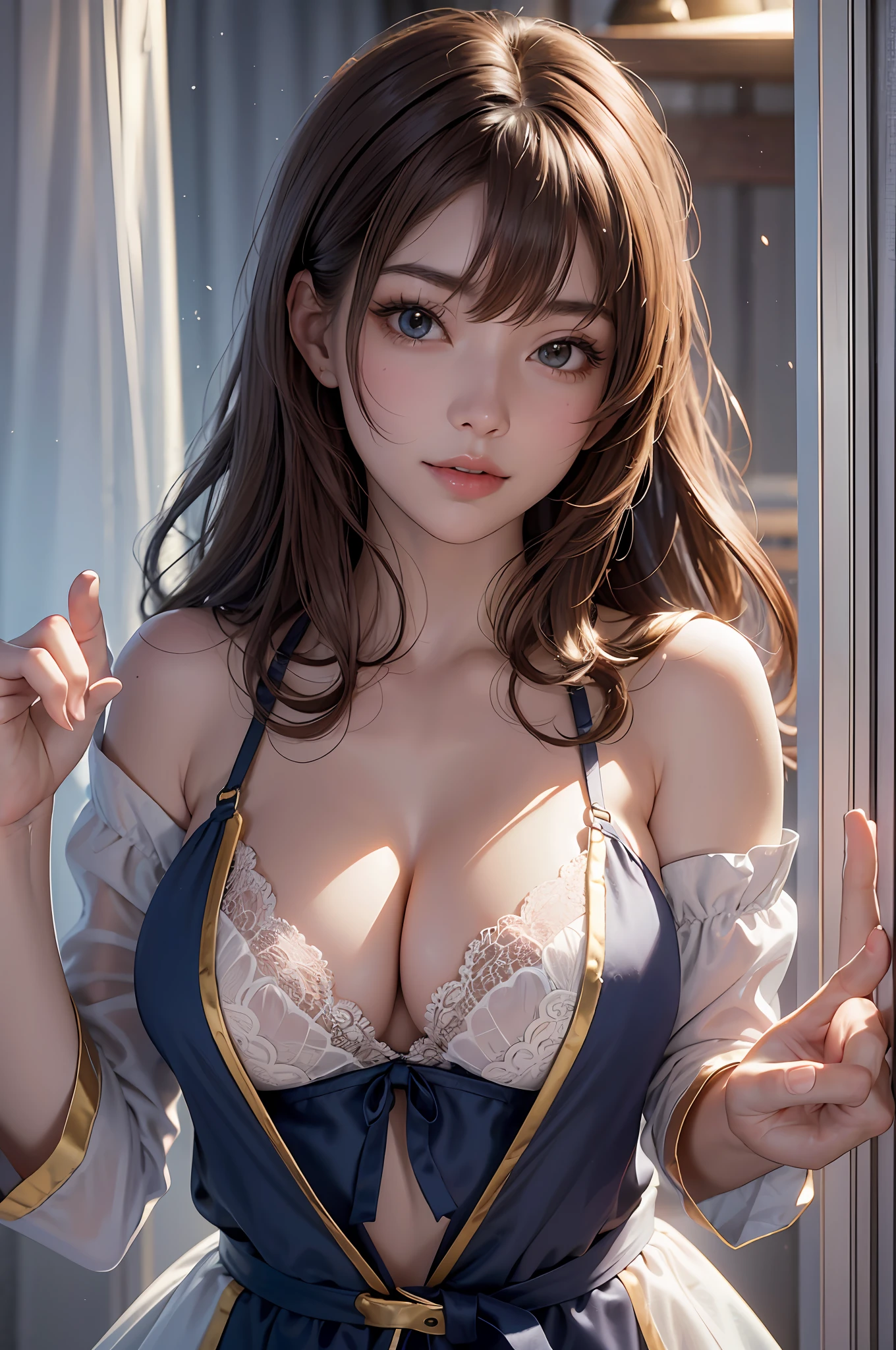 (Top Quality, 8k, 32k, Masterpiece, UHD: 1.3), Attractive Japan Female Pictures, One Girl, (Big: 1.2), Erotic Underwear Styles, Lace, Super Cute, Nice Perfect Face from Upper Body to Thighs, Soft Skin, Gorgeous Wavy Long Brown Hair, (Perfect Two Arms), (Perfect Four Fingers: One Thumb)
K resolution, ultra-realistic, ultra-detailed, high quality, on bed, bold pose Cute pose Various poses --auto --s2
