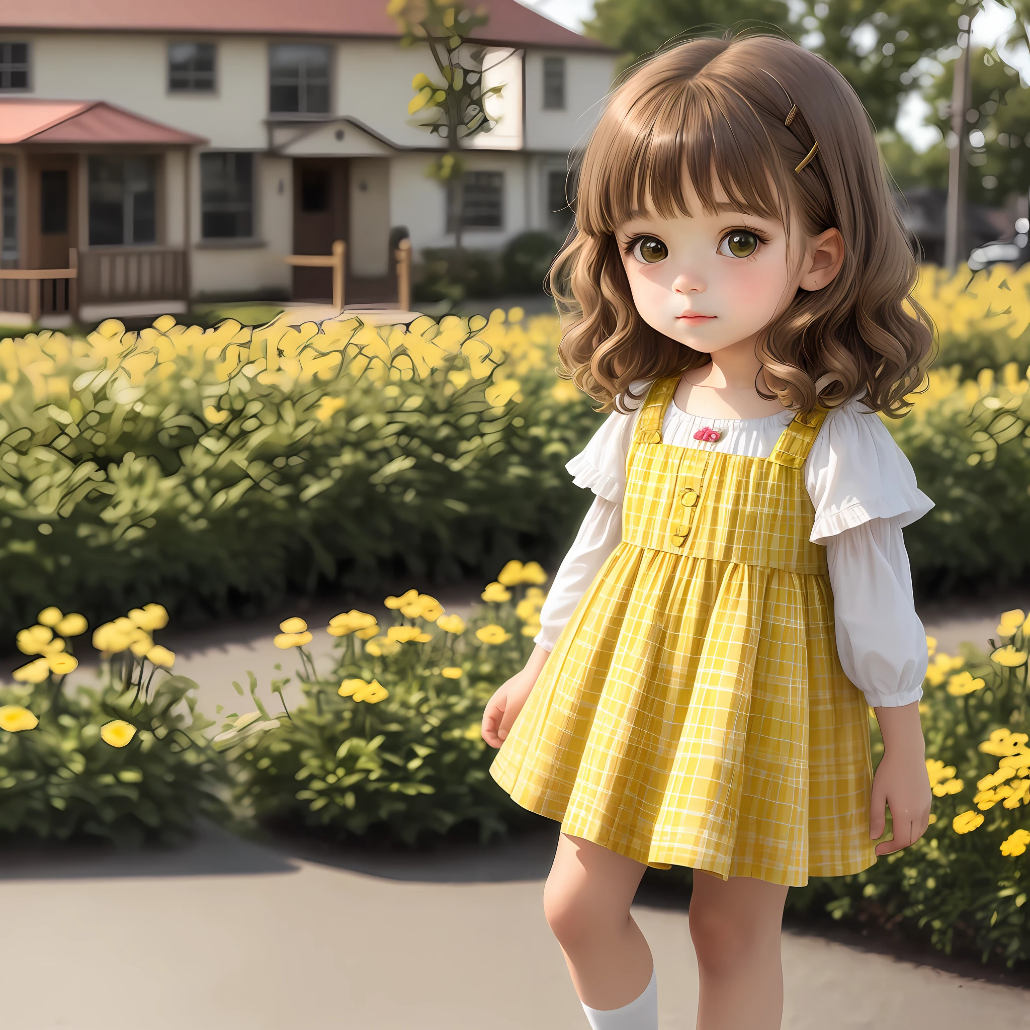 Create image of a  girl of 6 years  light brown hair, chanel cut with bangs, wavy hair, brown eyes, simple plaid vesido , playful style, disney style, children's stories style, background a beautiful yellow green house in the background, 88k 2d --V-