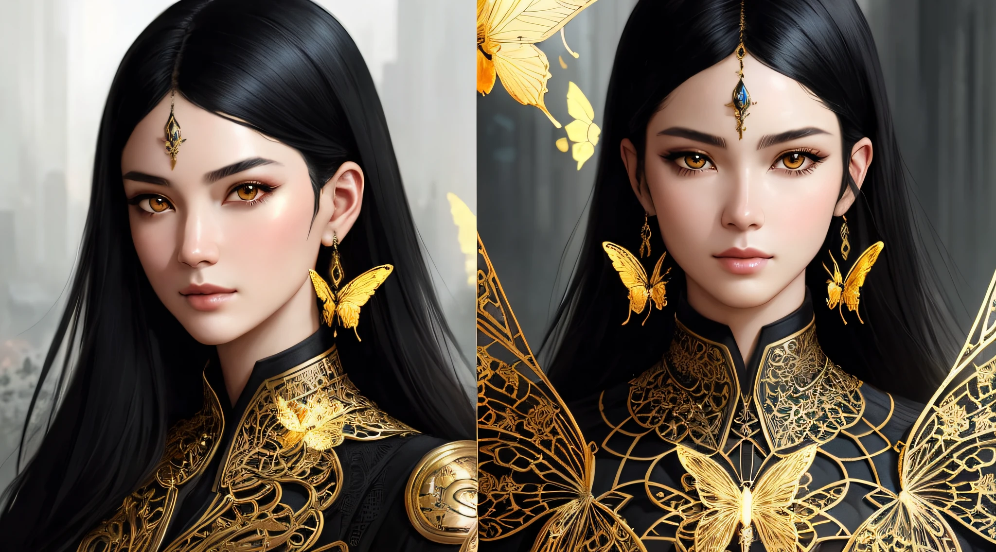 8k portrait of a beautiful cyborg with black hair, intricate, elegant, highly detailed, majestic, digital photography, art by artgerm and ruan jia and greg rutkowski surreal painting of golden butterfly filigree, broken glass (masterpiece, side lighting, beautiful finely detailed eyes: 1.2 ), hdr,