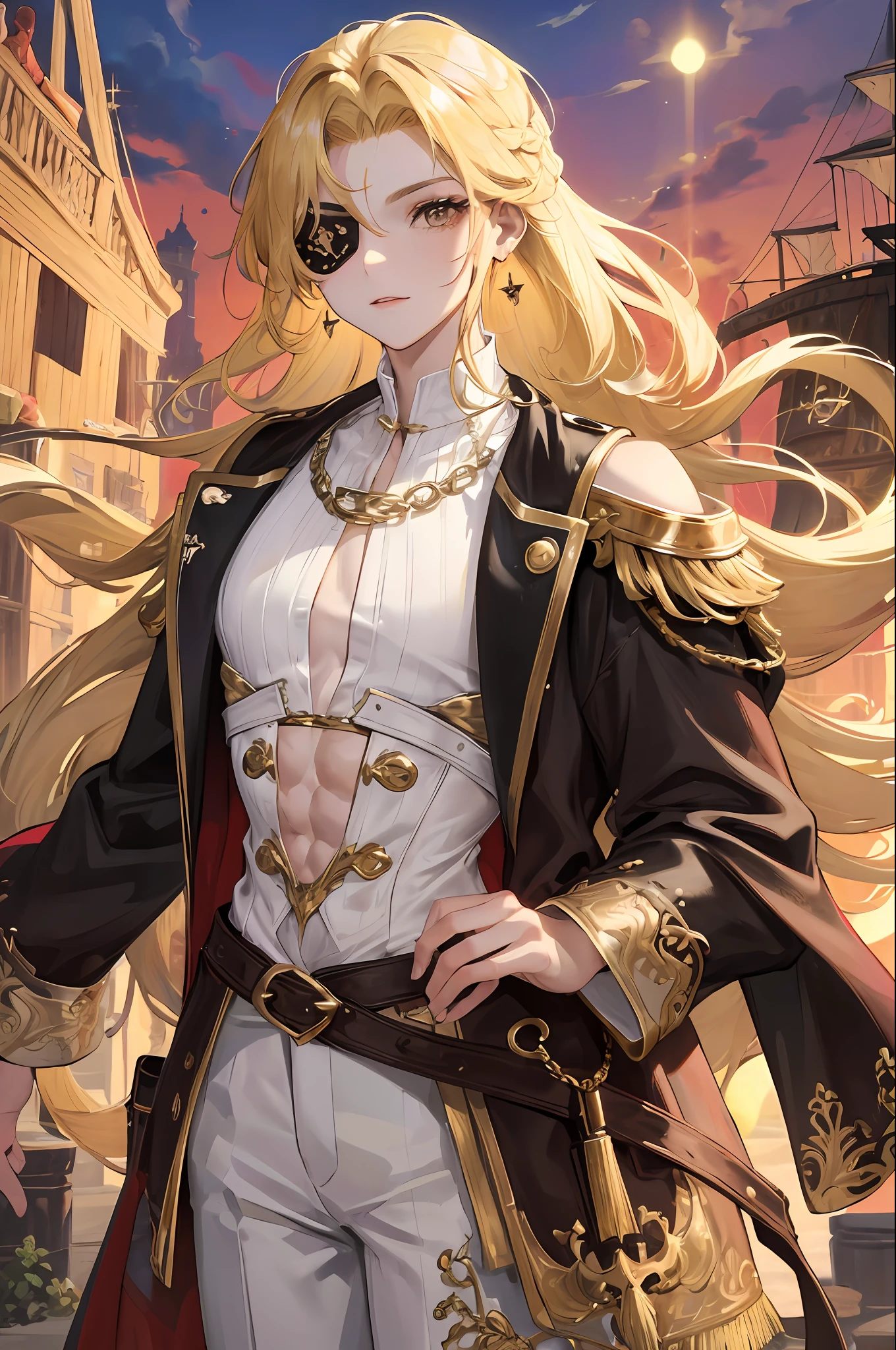 ((1man)), masterpiece, absurdres, best quality ,intricate details , (shiny skin, shiny body, shiny oily luster skin, shiny hair, pale skintone), pirate ship , Sundown, attractive, ((muscular)), adult, one eye patch, tattoo ,white blouse, earrings, brown pants, Parrot on the shoulder , Don't look at the view , Not looking at the view, blonde very long hair