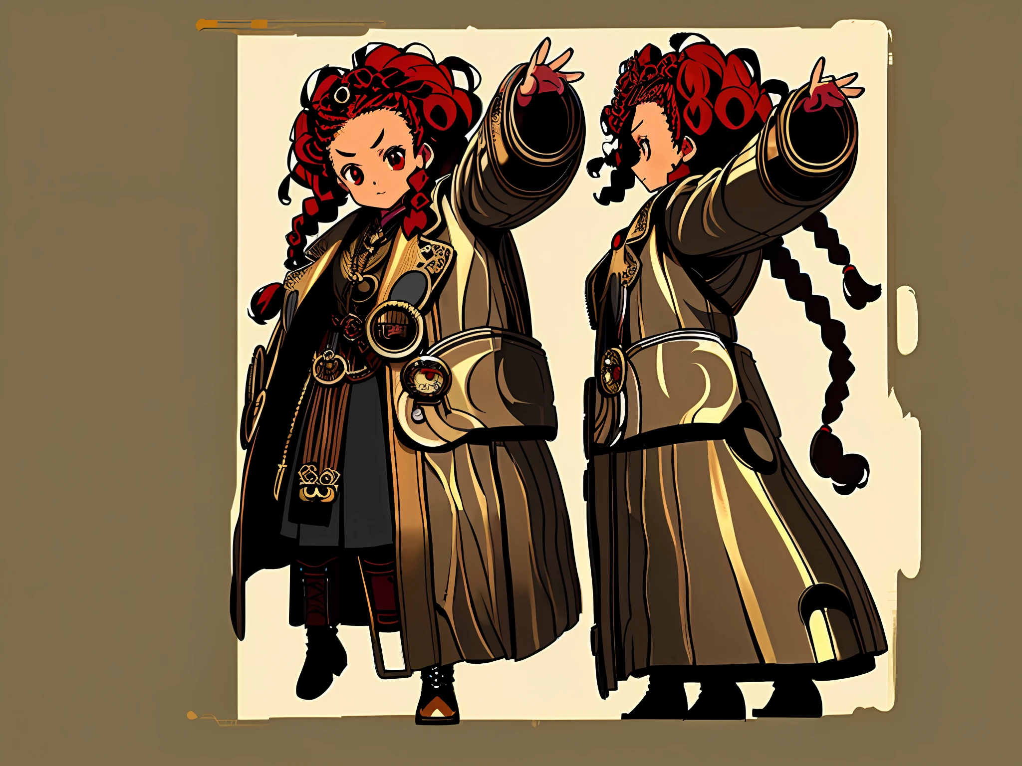 ((masterpiece)),(((best quality)),(character design sheet, same character, front, side, back), illustration, 1 girl, hair color, curly hair, hairstyle with black braids, red eyes, ambient change scene, braids, Zitai pose, Female, steampunk coat, golden details, Charturnbetalora, open arms (simple background, white background