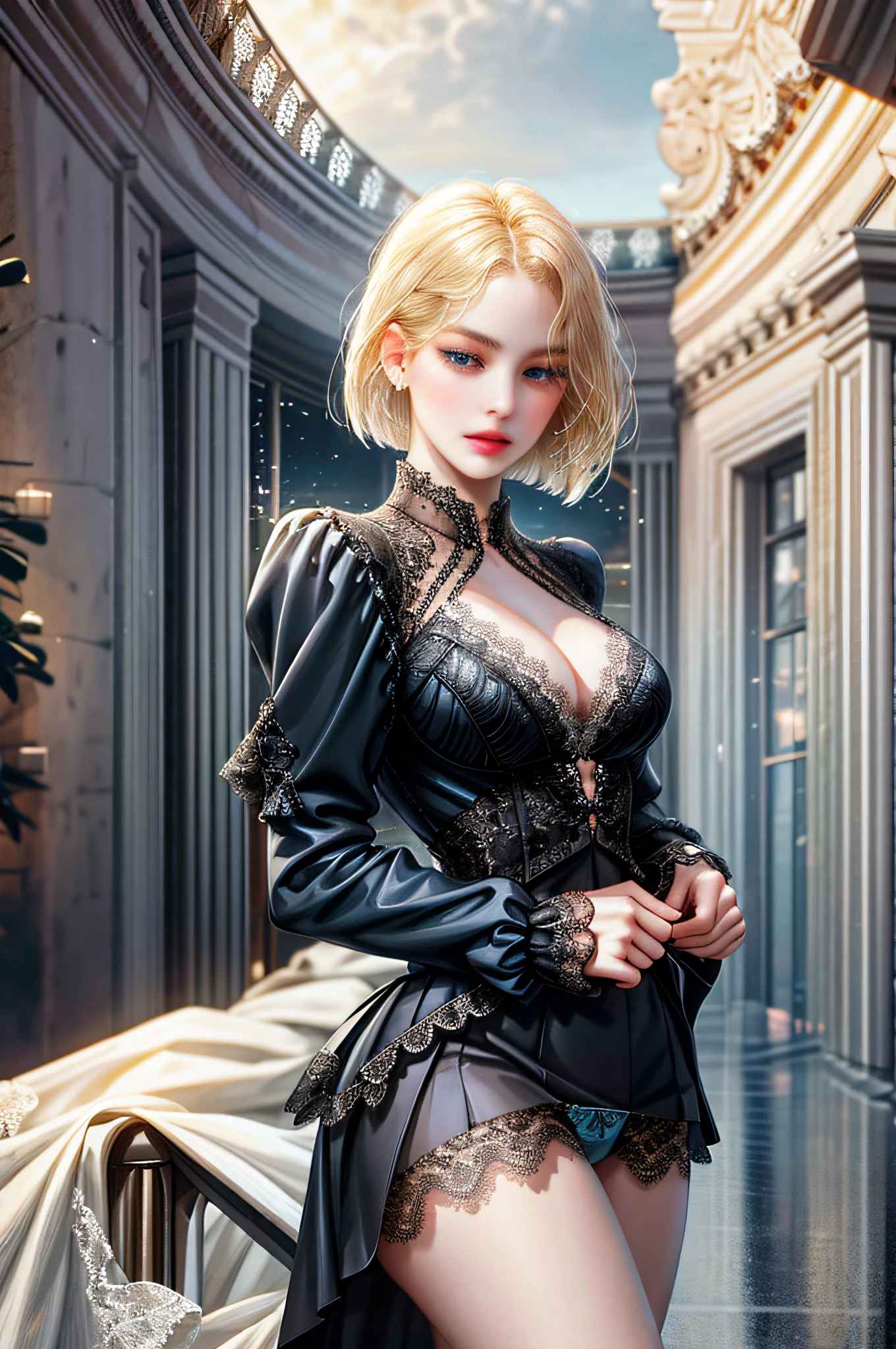 Aristocratic young woman、blond hair、Blue-eyed girl、Shortcut Bob、Carrier Woman、Urban skyscrapers、Black suit、Open in front of jacket、Cleavage braless areola、Mini Tight Skirt Slit、Girl with blonde hair and blue eyes、beautifully、thinly((White sheer blouse、Black silk underwear、Underwear bite、Sexy Pose、Lower body slender、back view、Look at the window、stick out ass、On all fours、Buttocks facing this way、Hair is short bob female,、((White sheer blouse))、No Bra、Underwear bite、Sexy Pose、Lower body slender、Behind the woman、There are windows showing the different buildings of the city(absurdity、high definition、super detailed)、